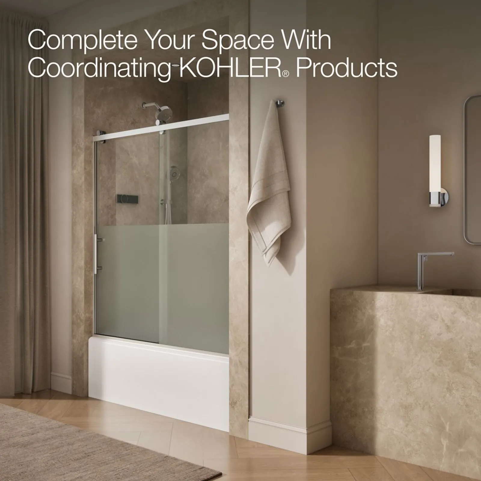 56-5/8"-59-5/8" W x 62-1/2" H sliding bath door with 3/8"-thick Crystal Clear glass^Kohler Sale