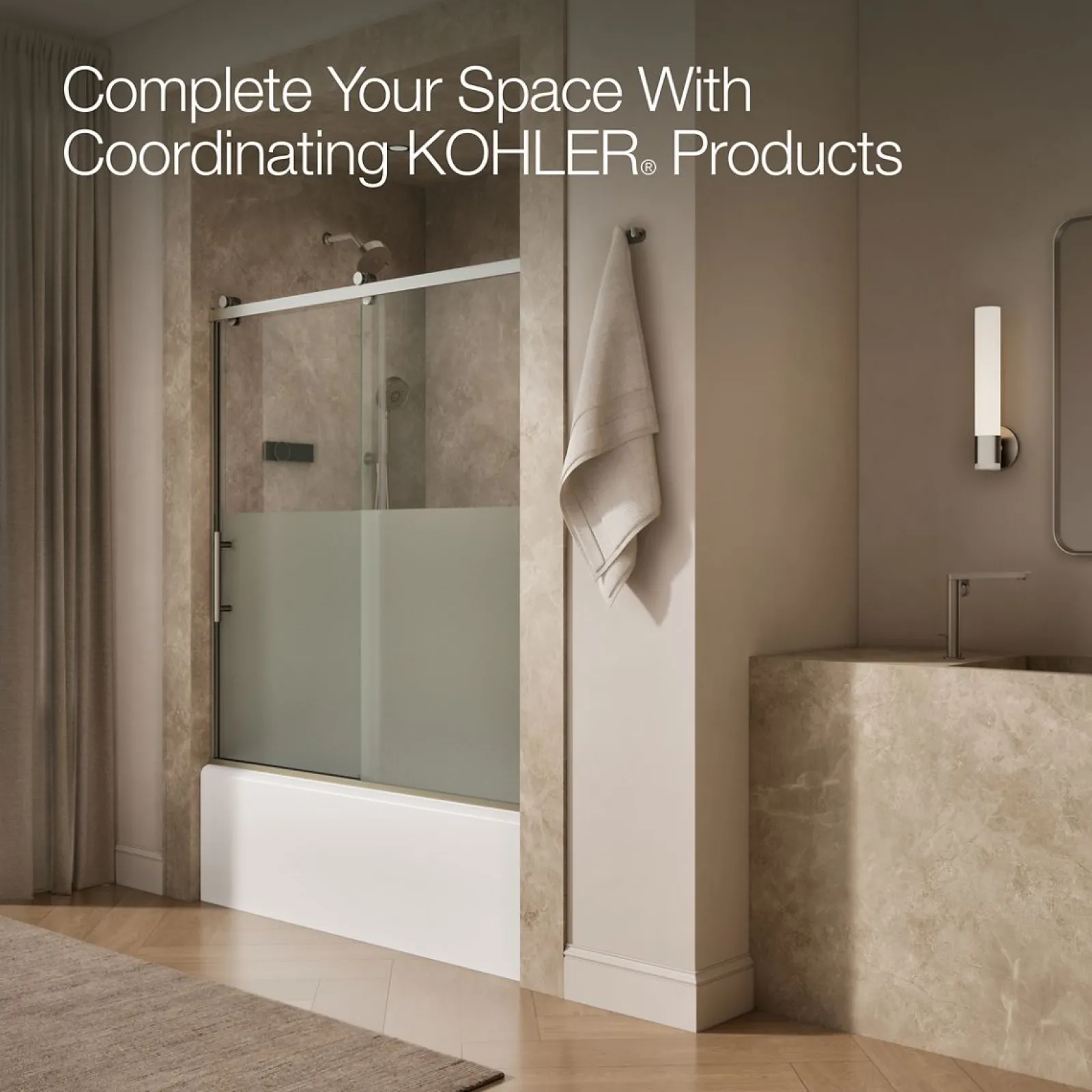 56-5/8"-59-5/8" W x 62-1/2" H sliding bath door with 3/8"-thick Crystal Clear glass^Kohler Sale