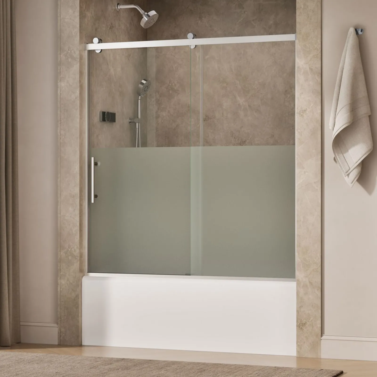 56-5/8"-59-5/8" W x 62-1/2" H sliding bath door with 3/8"-thick Crystal Clear glass^Kohler Sale