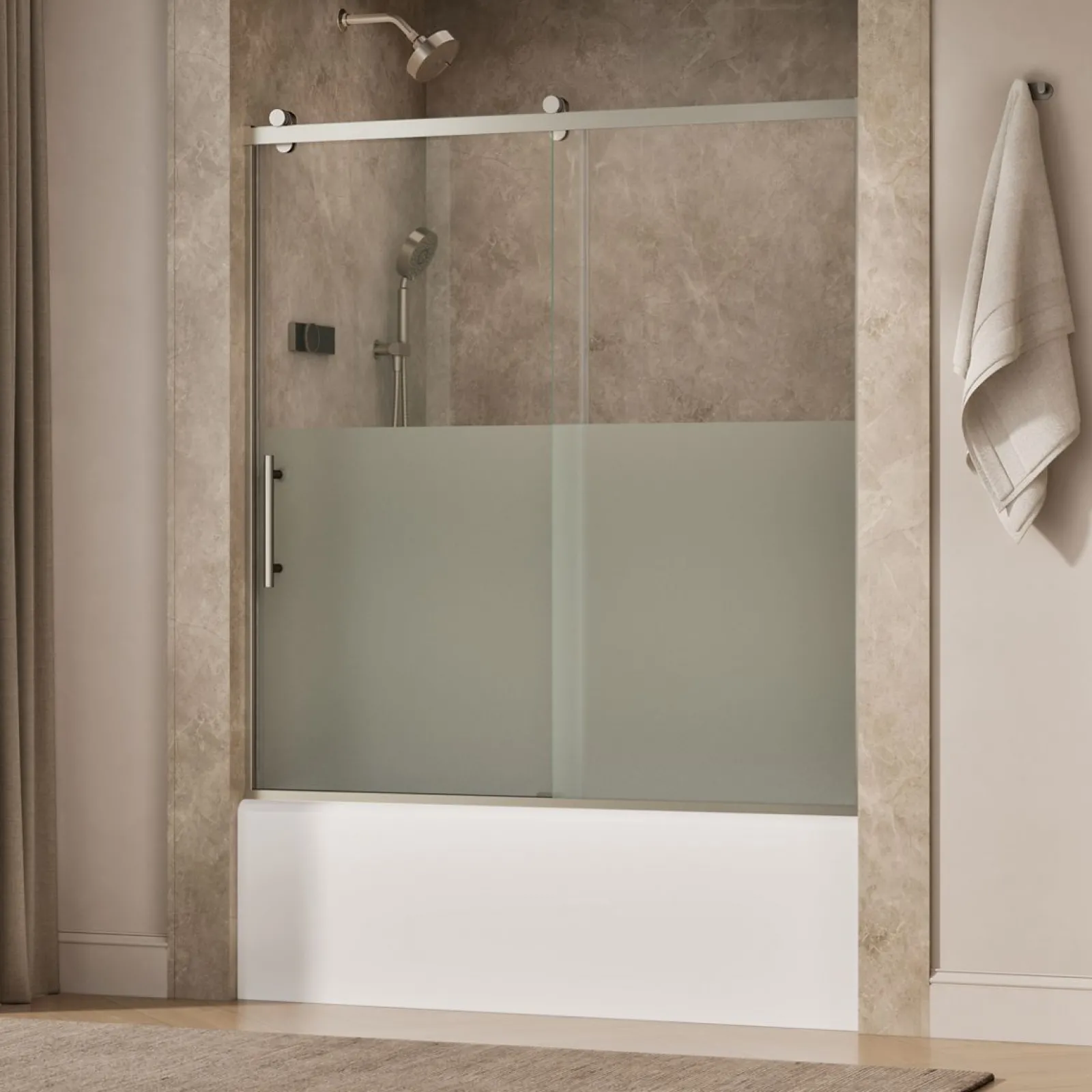 56-5/8"-59-5/8" W x 62-1/2" H sliding bath door with 3/8"-thick Crystal Clear glass^Kohler Sale