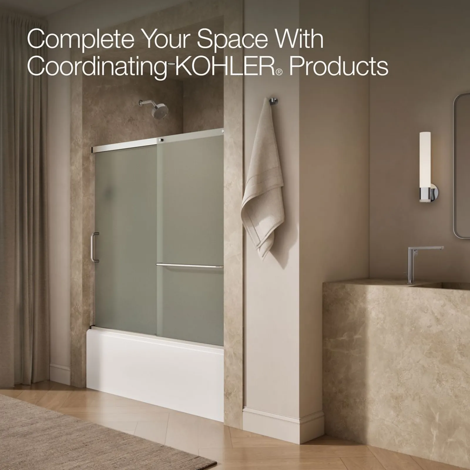 56-1/4"-59-5/8" W x 56-3/4" H sliding bath door with 1/4"-thick Frosted glass^Kohler Sale