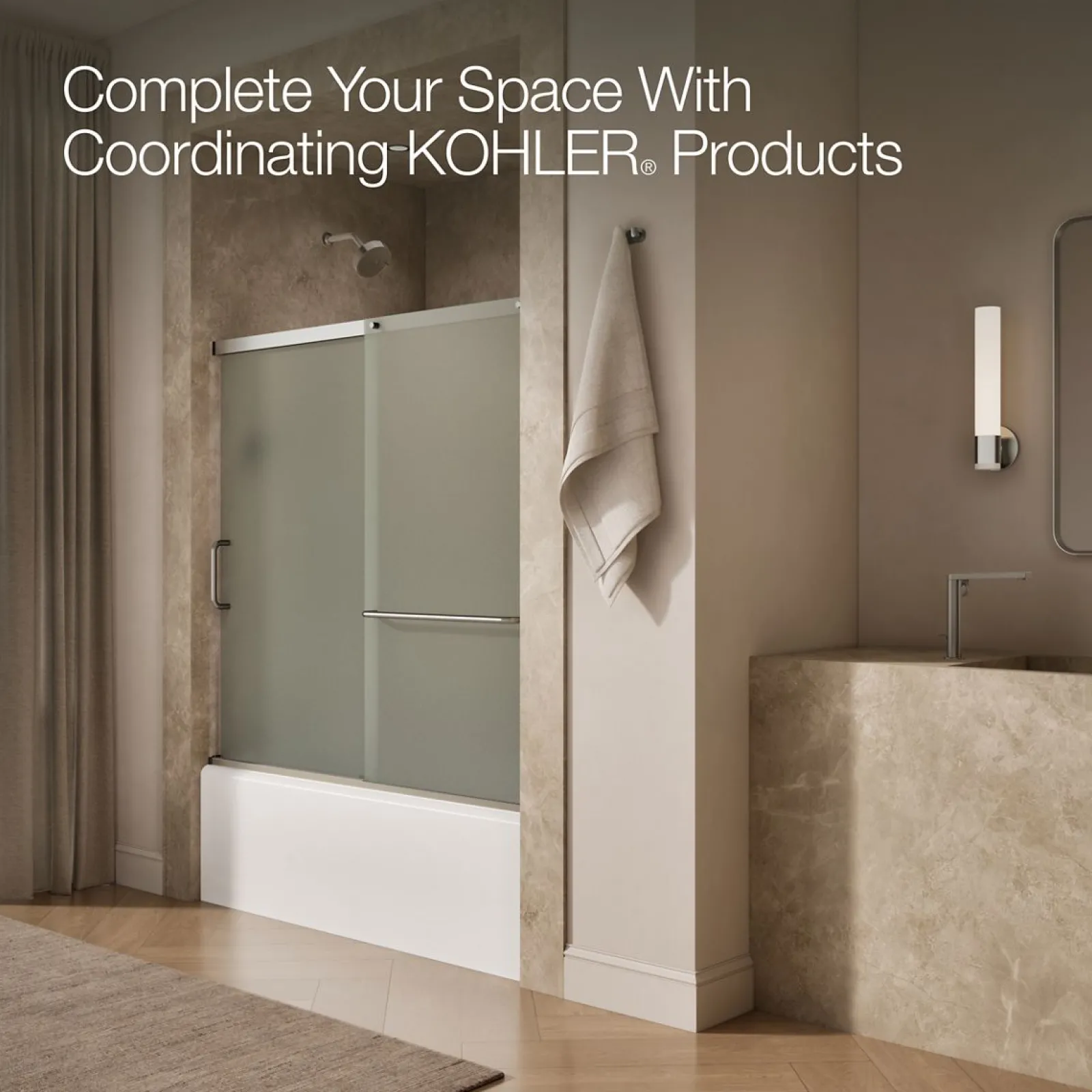 56-1/4"-59-5/8" W x 56-3/4" H sliding bath door with 1/4"-thick Frosted glass^Kohler Sale
