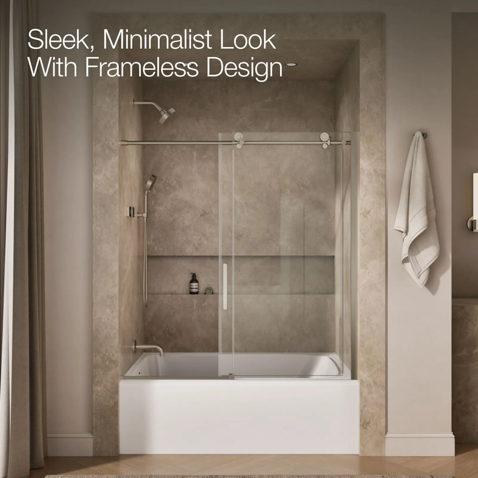 56-1/8"-59-7/8" W x 62" H sliding bath door with 3/8"-thick Crystal Clear glass^Kohler New