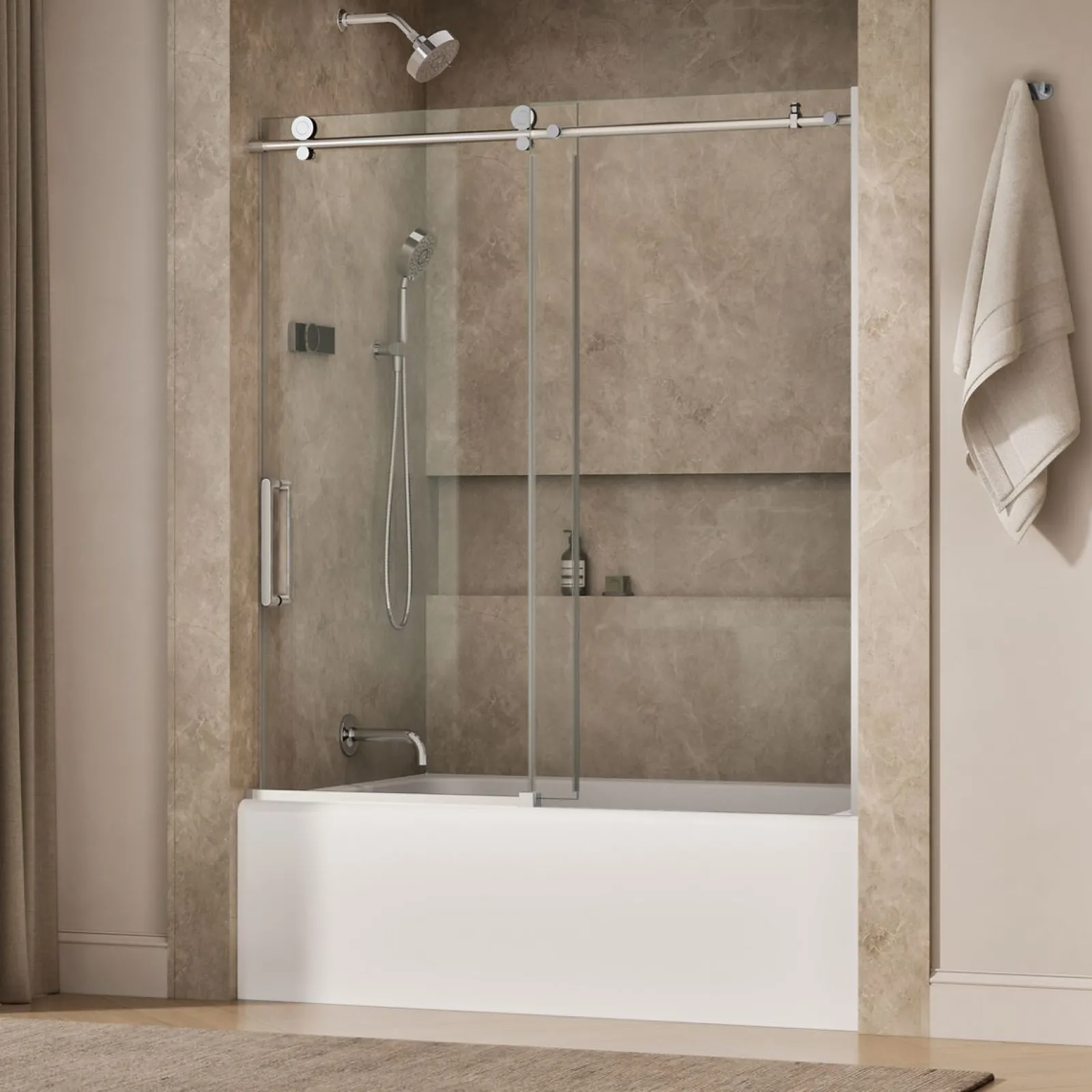 56-1/8"-59-7/8" W x 62" H sliding bath door with 3/8"-thick Crystal Clear glass^Kohler New
