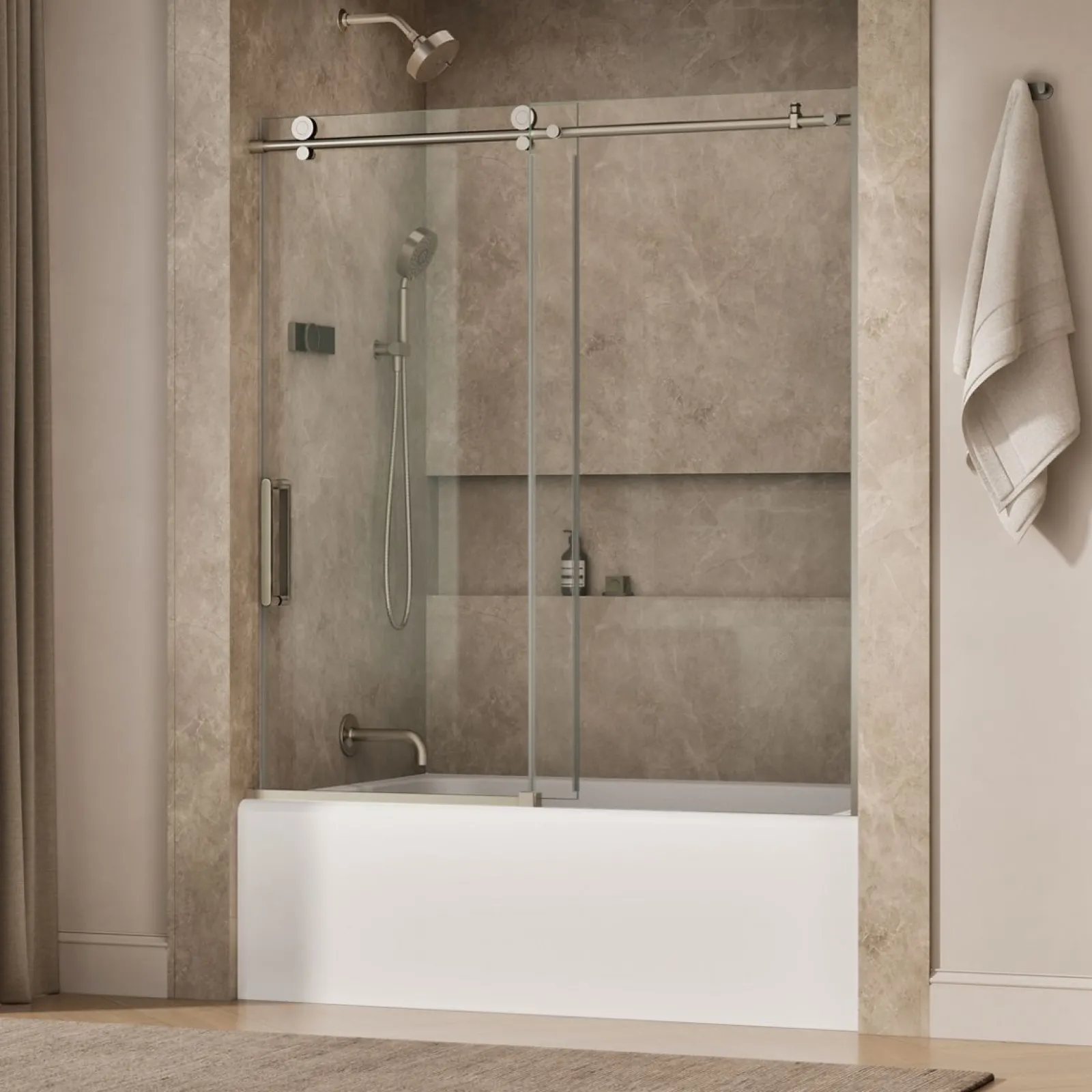 56-1/8"-59-7/8" W x 62" H sliding bath door with 3/8"-thick Crystal Clear glass^Kohler New