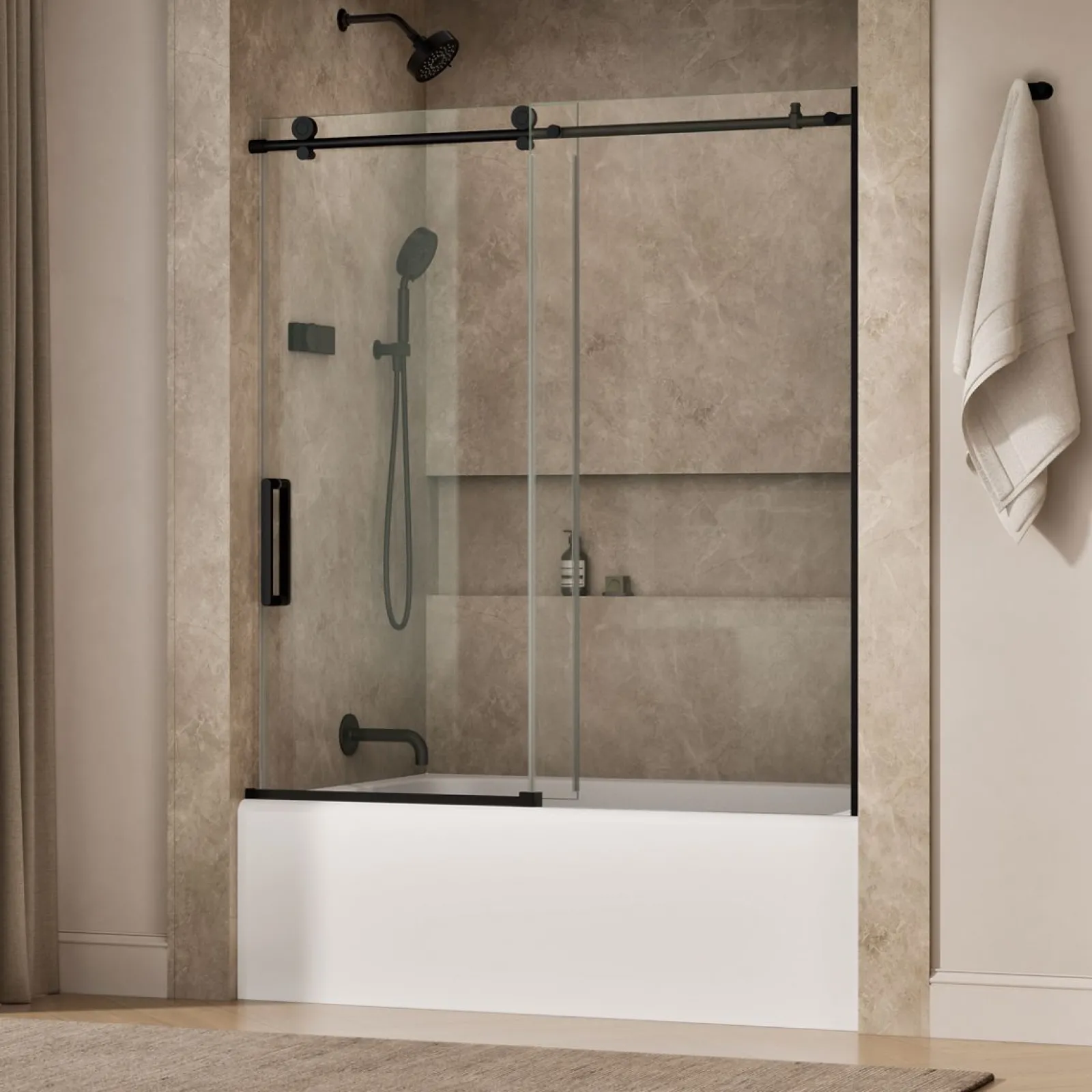 56-1/8"-59-7/8" W x 62" H sliding bath door with 3/8"-thick Crystal Clear glass^Kohler New