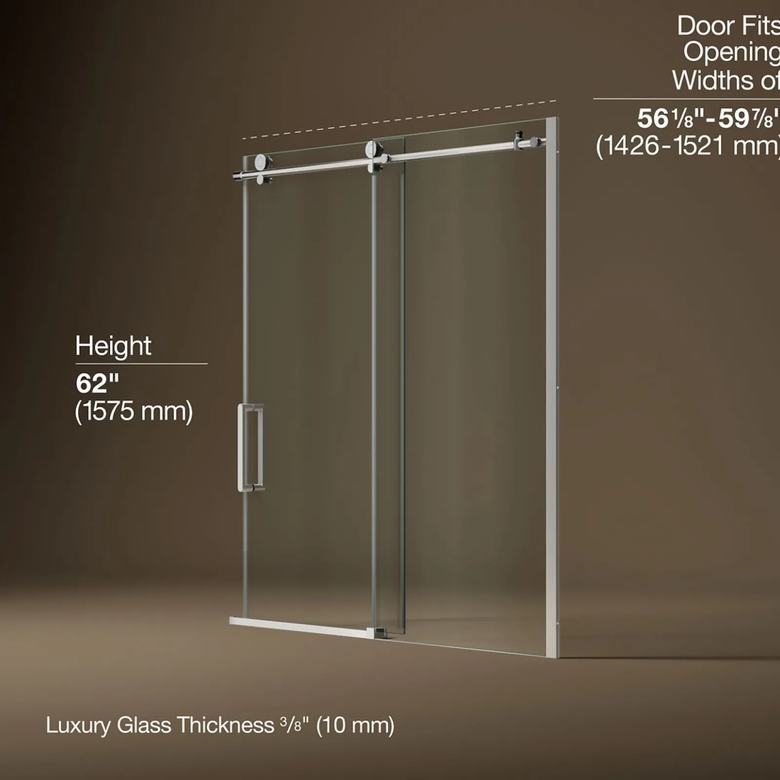 56-1/8"-59-7/8" W x 62" H sliding bath door with 3/8"-thick Crystal Clear glass^Kohler New