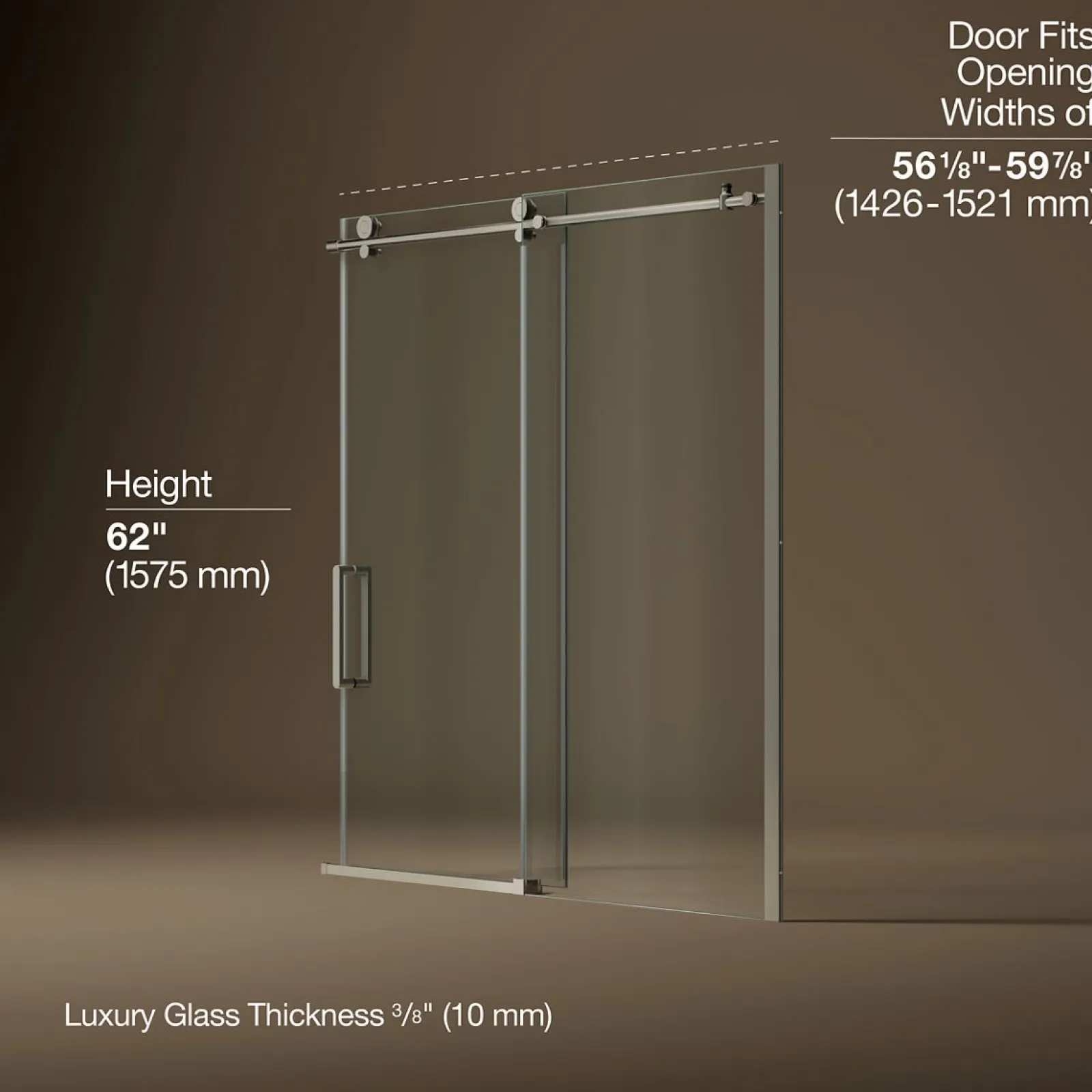 56-1/8"-59-7/8" W x 62" H sliding bath door with 3/8"-thick Crystal Clear glass^Kohler New