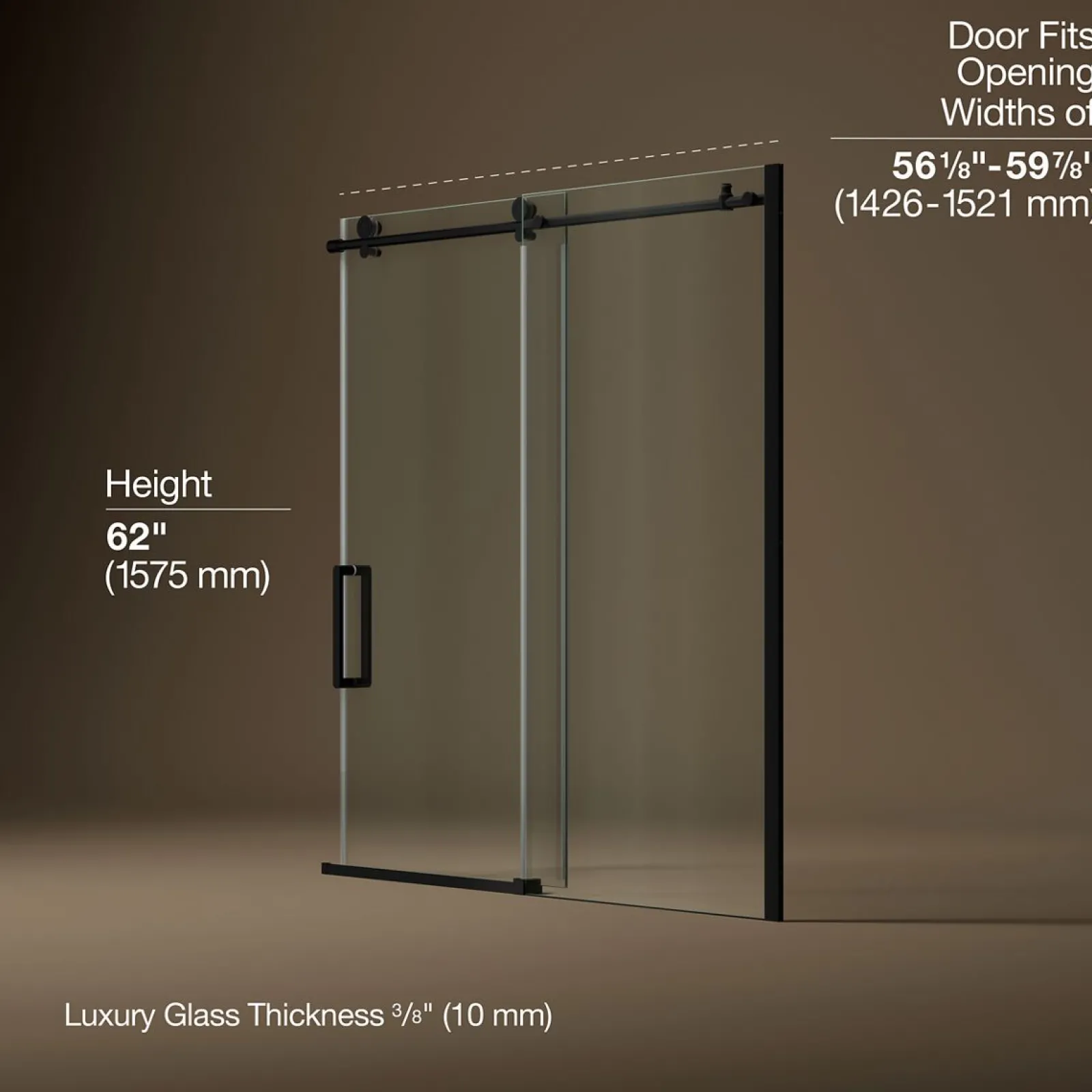 56-1/8"-59-7/8" W x 62" H sliding bath door with 3/8"-thick Crystal Clear glass^Kohler New