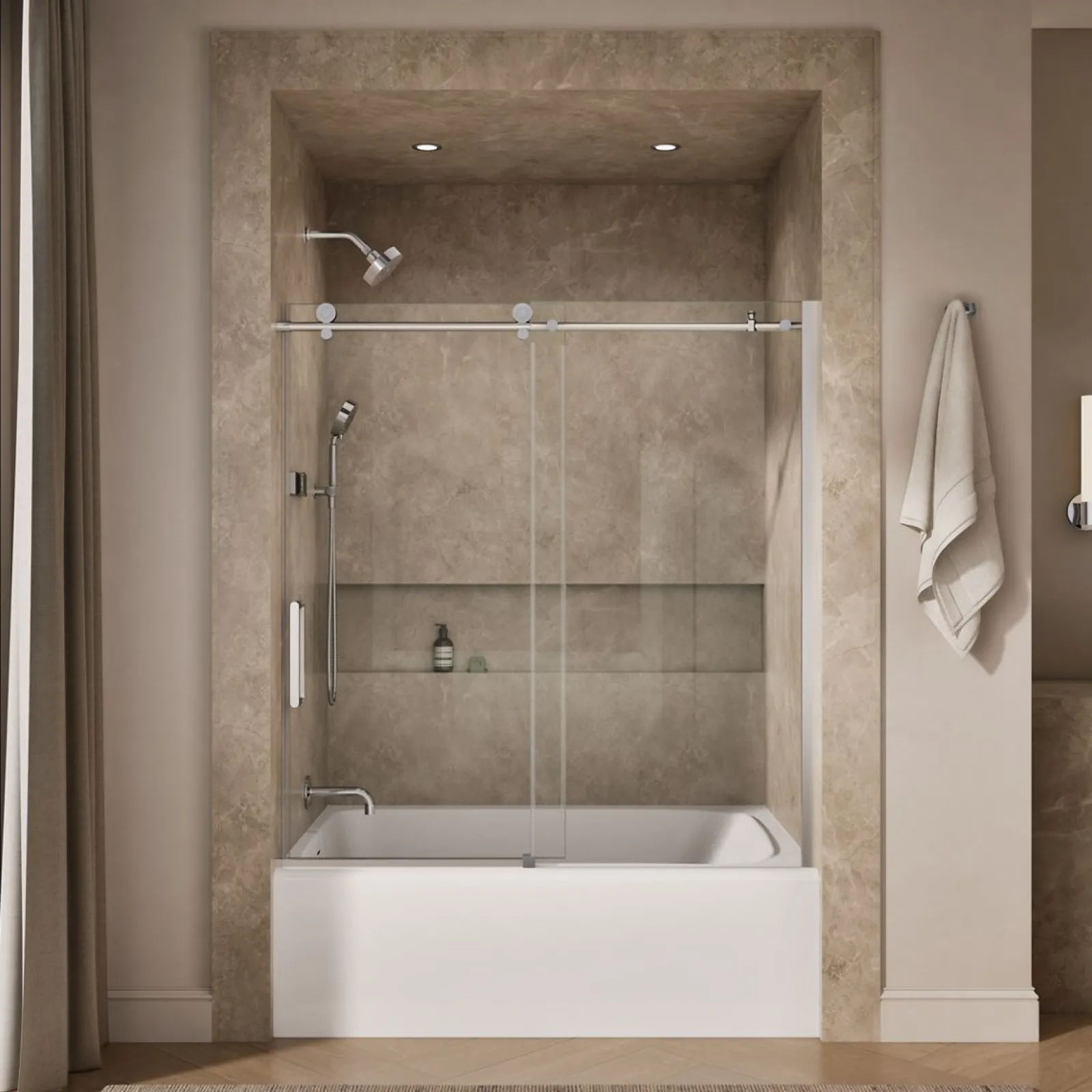 56-1/8"-59-7/8" W x 62" H sliding bath door with 3/8"-thick Crystal Clear glass^Kohler New
