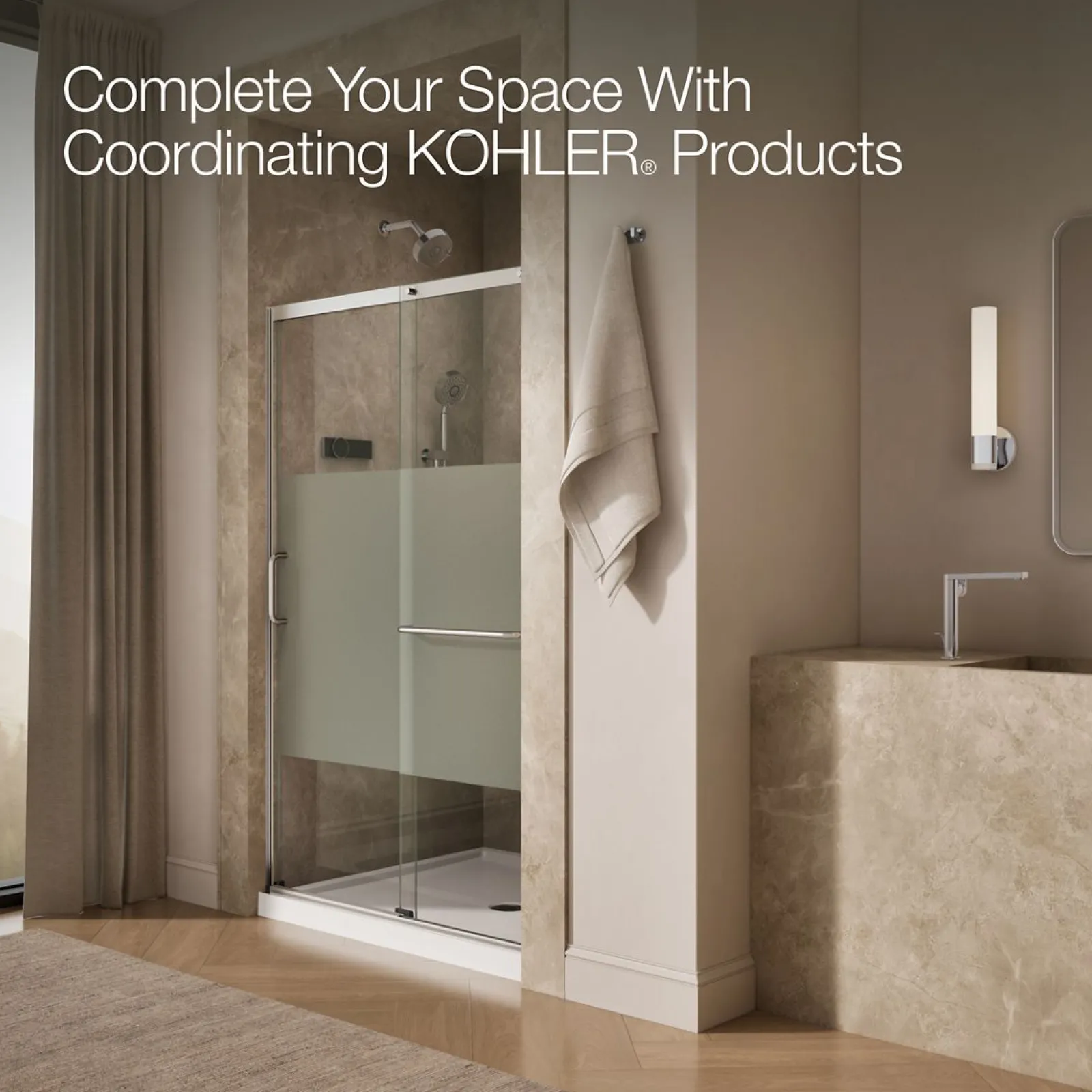 50-1/4"-53-5/8" W x 75-1/2" H sliding shower door with 5/16"-thick Crystal Clear glass^Kohler Clearance