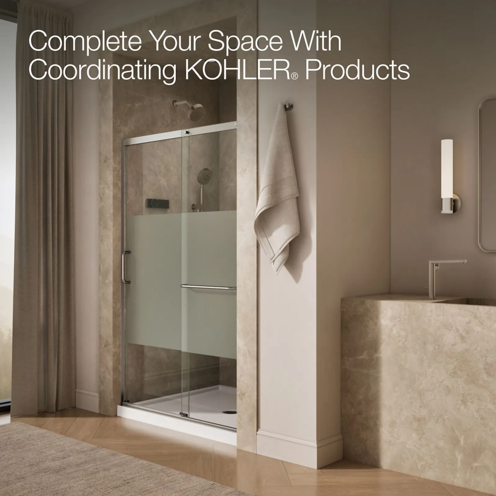 50-1/4"-53-5/8" W x 75-1/2" H sliding shower door with 5/16"-thick Crystal Clear glass^Kohler Clearance