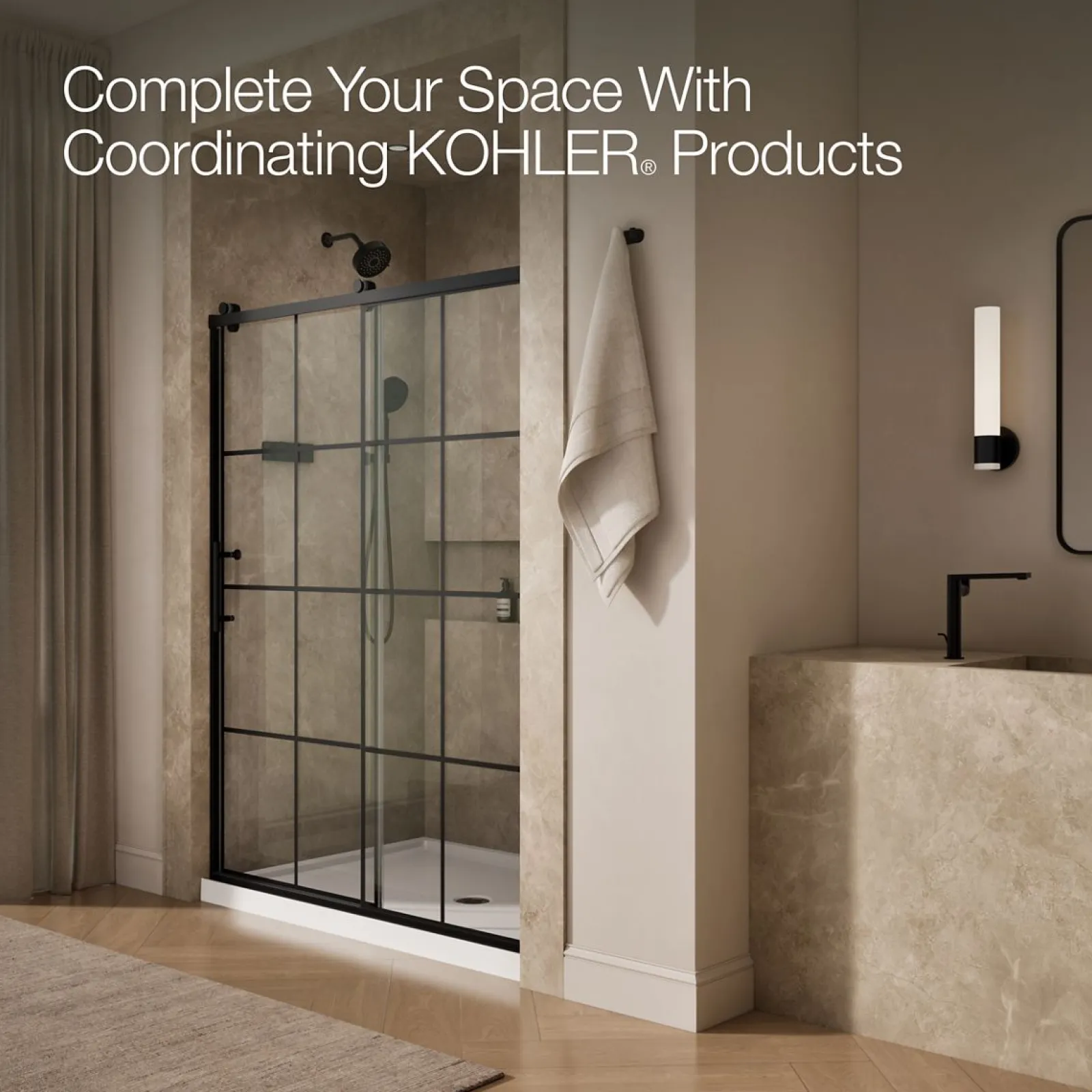 56-5/8"-59-5/8" W x 76.99" H sliding shower door with 3/8"-thick Crystal Clear glass^Kohler Sale