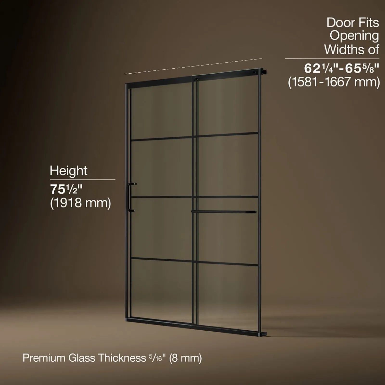 62-1/4"-65-5/8" W x 75-1/2" H sliding shower door with 5/16"-thick Crystal Clear glass^Kohler Hot