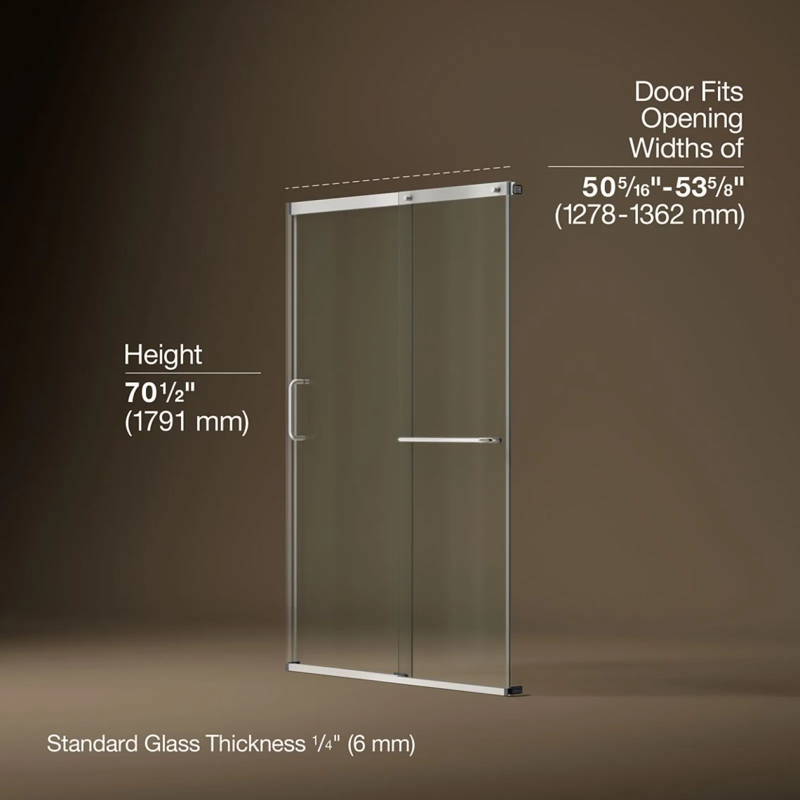 50-1/4"-53-5/8" W x 70-1/2" H sliding shower door with 1/4"-thick Crystal Clear glass^Kohler Clearance