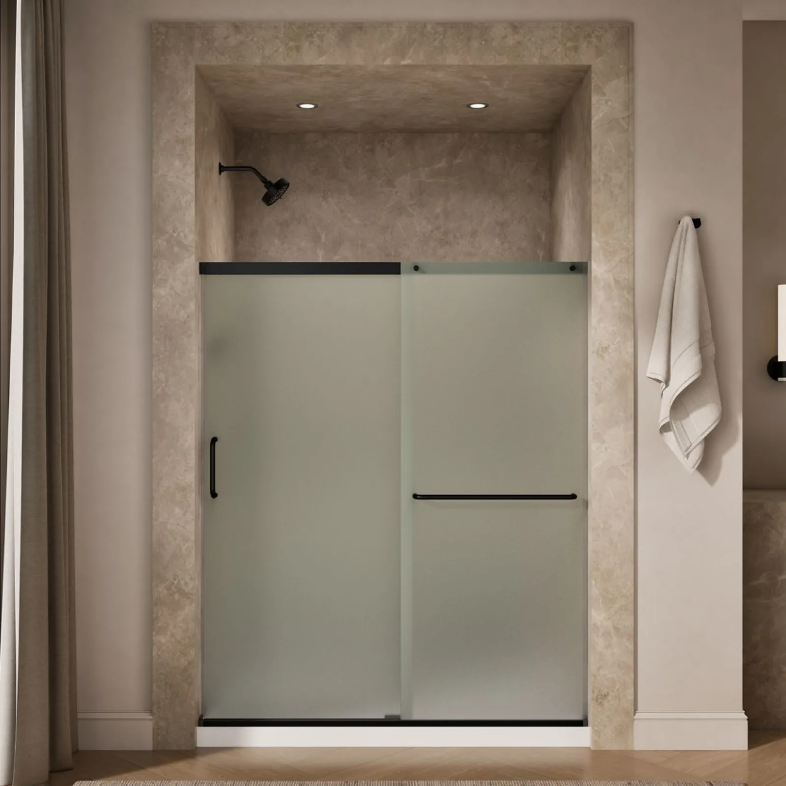 56-1/4"-59-5/8" W x 70-1/2" H sliding shower door with 1/4"-thick Frosted glass^Kohler