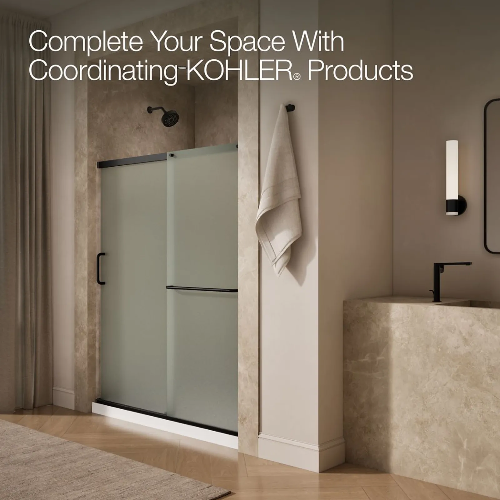 56-1/4"-59-5/8" W x 70-1/2" H sliding shower door with 1/4"-thick Frosted glass^Kohler