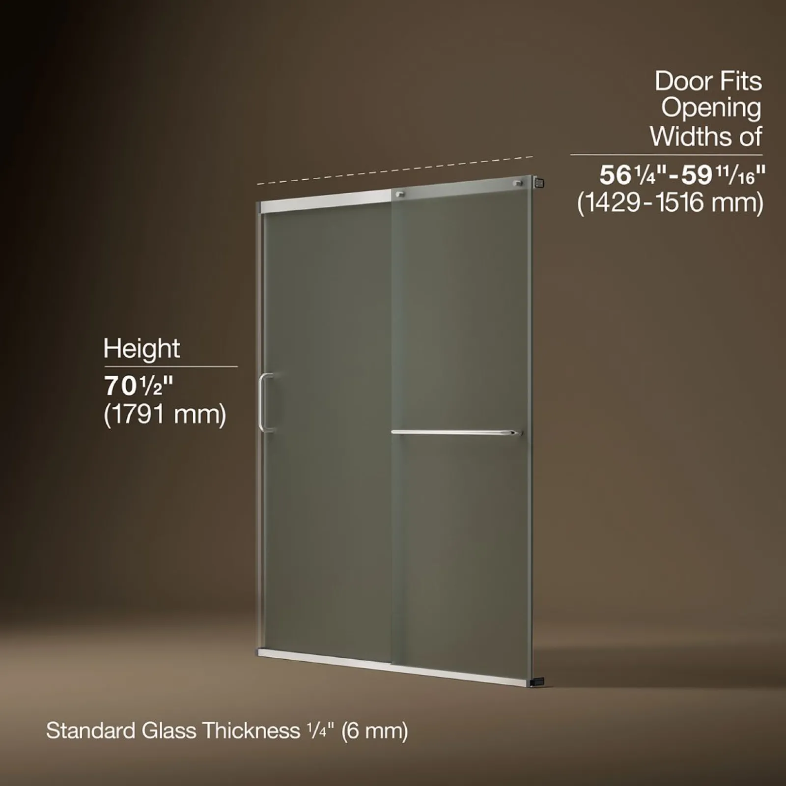 56-1/4"-59-5/8" W x 70-1/2" H sliding shower door with 1/4"-thick Frosted glass^Kohler