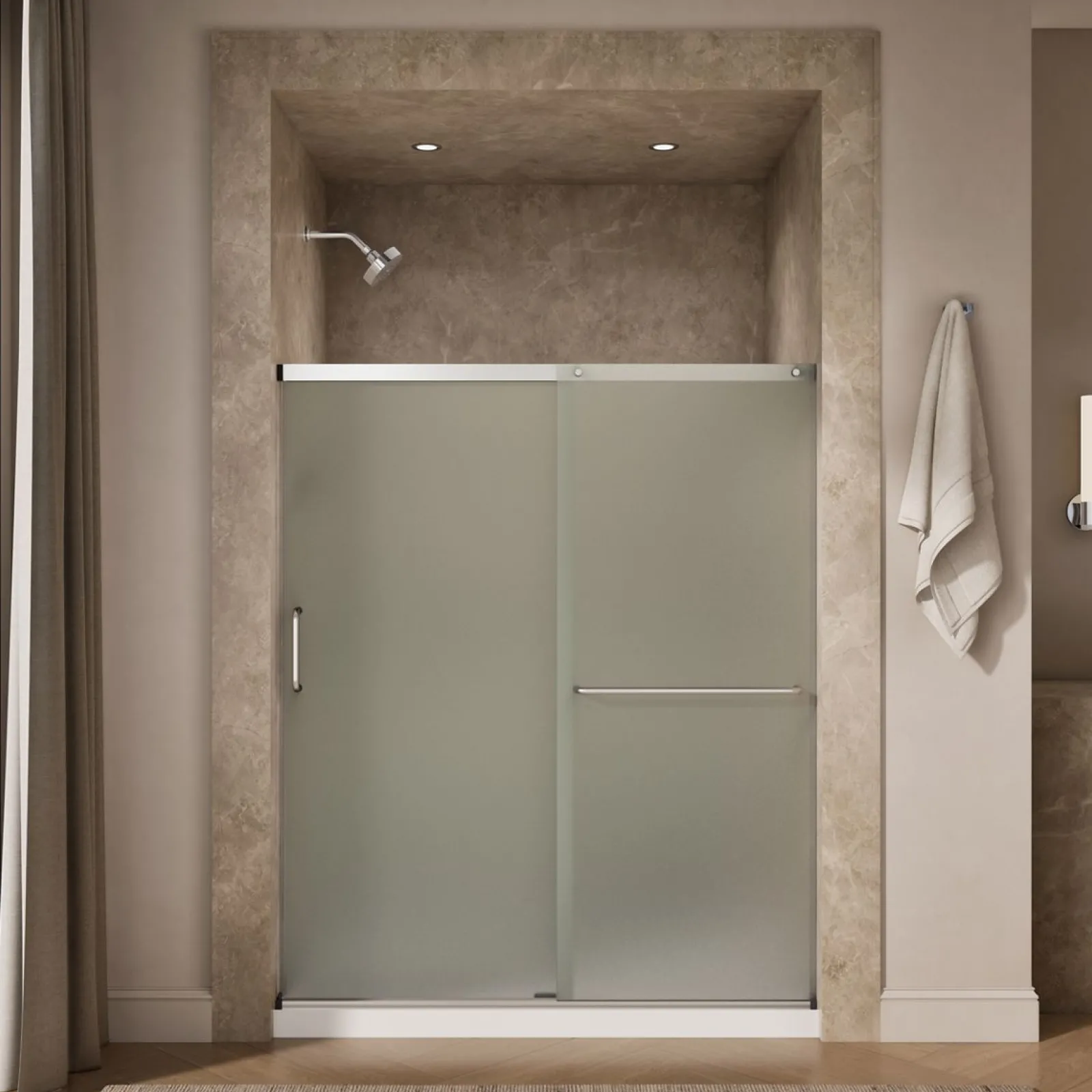 56-1/4"-59-5/8" W x 70-1/2" H sliding shower door with 1/4"-thick Frosted glass^Kohler