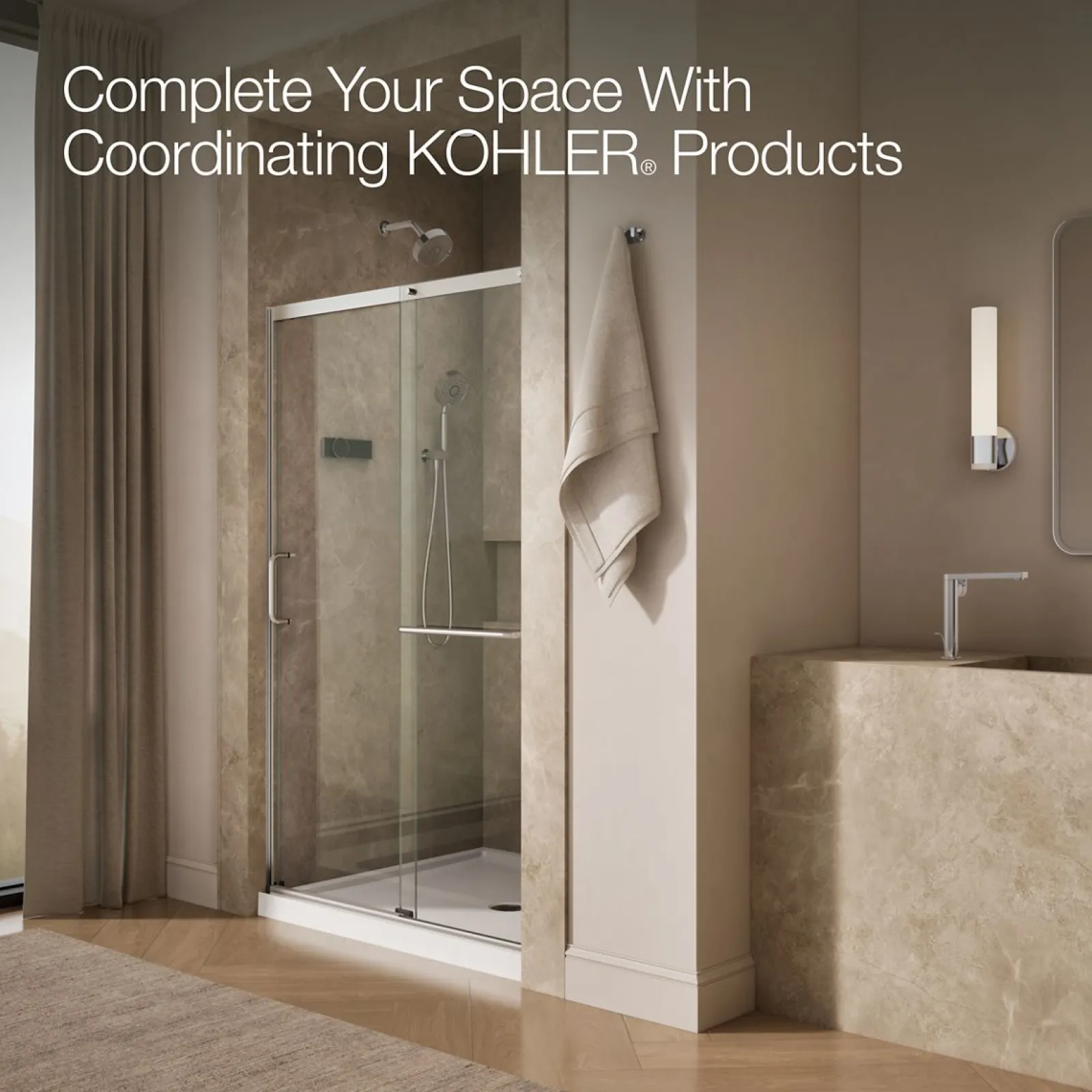 50-1/4"-53-5/8" W x 75-1/2" H sliding shower door with 5/16"-thick Crystal Clear glass^Kohler Clearance