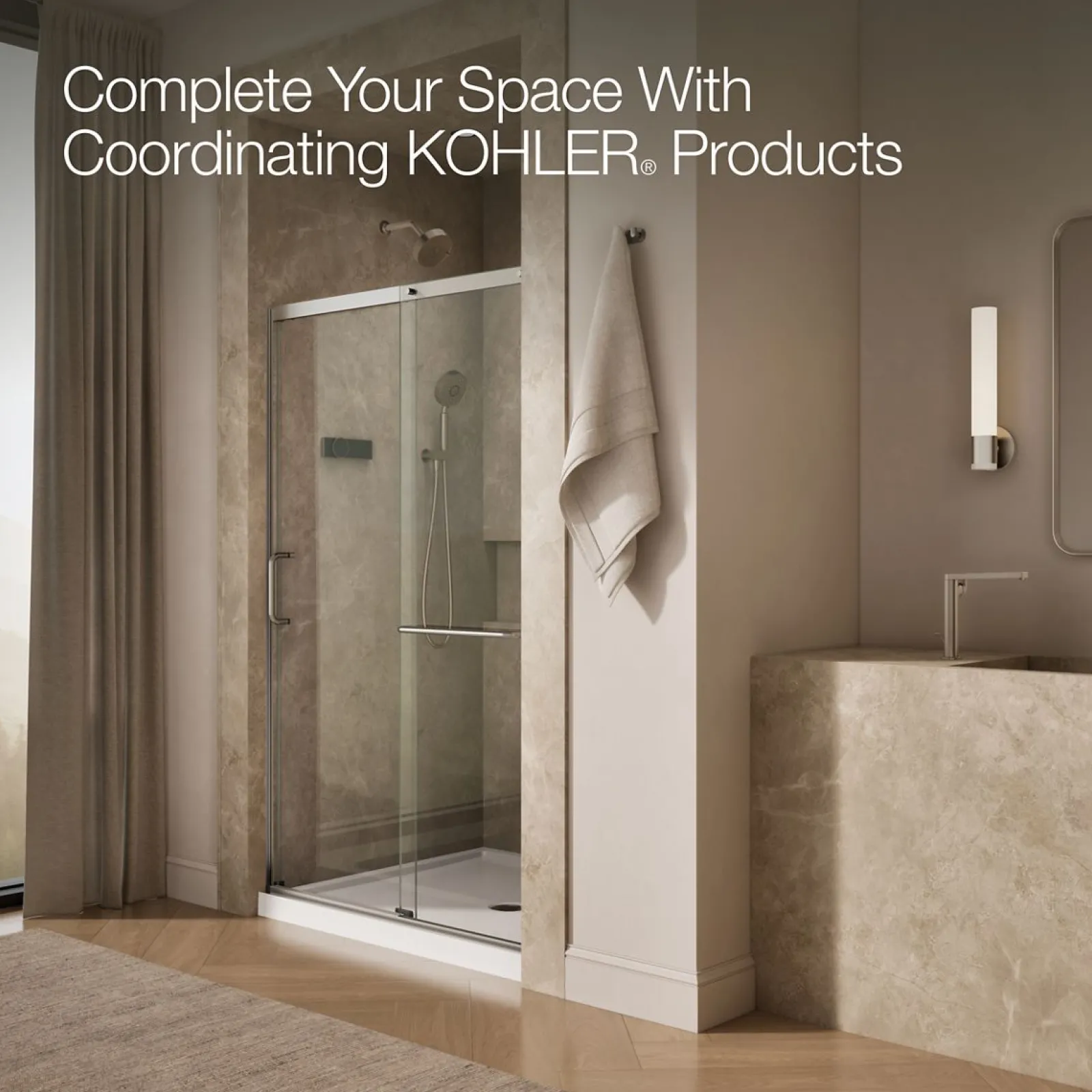 50-1/4"-53-5/8" W x 75-1/2" H sliding shower door with 5/16"-thick Crystal Clear glass^Kohler Clearance