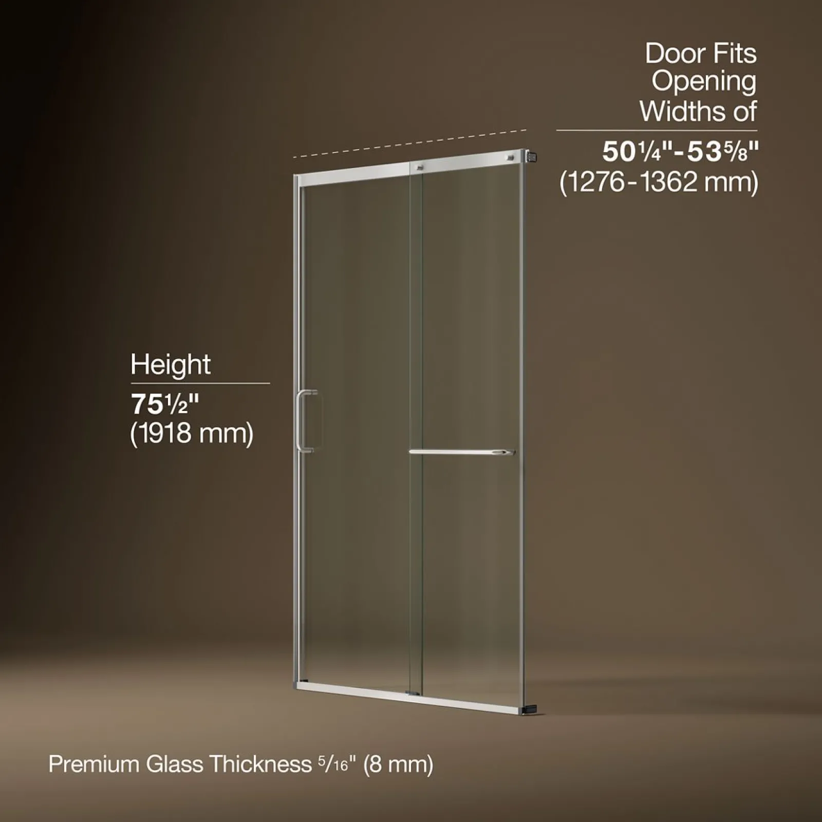50-1/4"-53-5/8" W x 75-1/2" H sliding shower door with 5/16"-thick Crystal Clear glass^Kohler Clearance