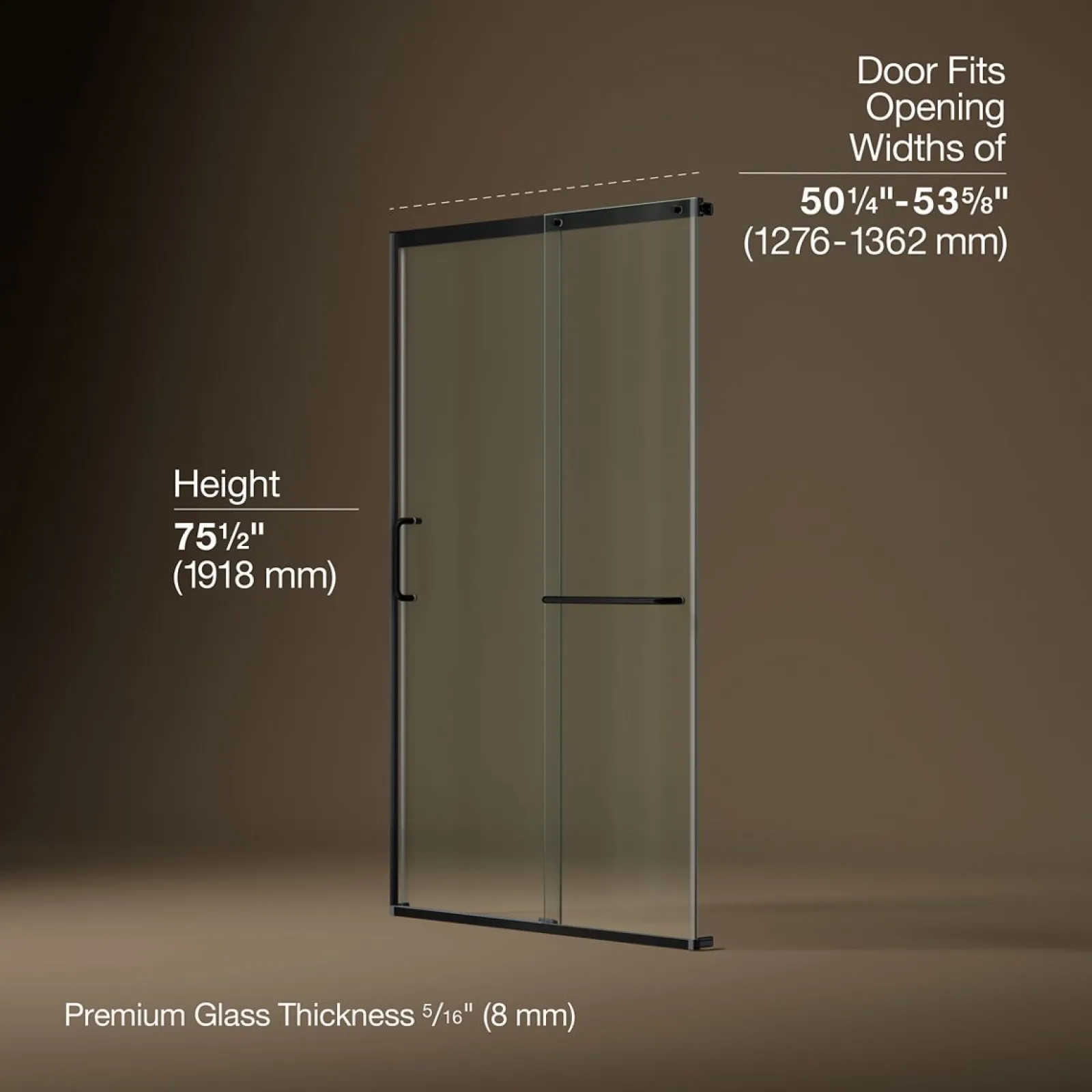 50-1/4"-53-5/8" W x 75-1/2" H sliding shower door with 5/16"-thick Crystal Clear glass^Kohler Clearance