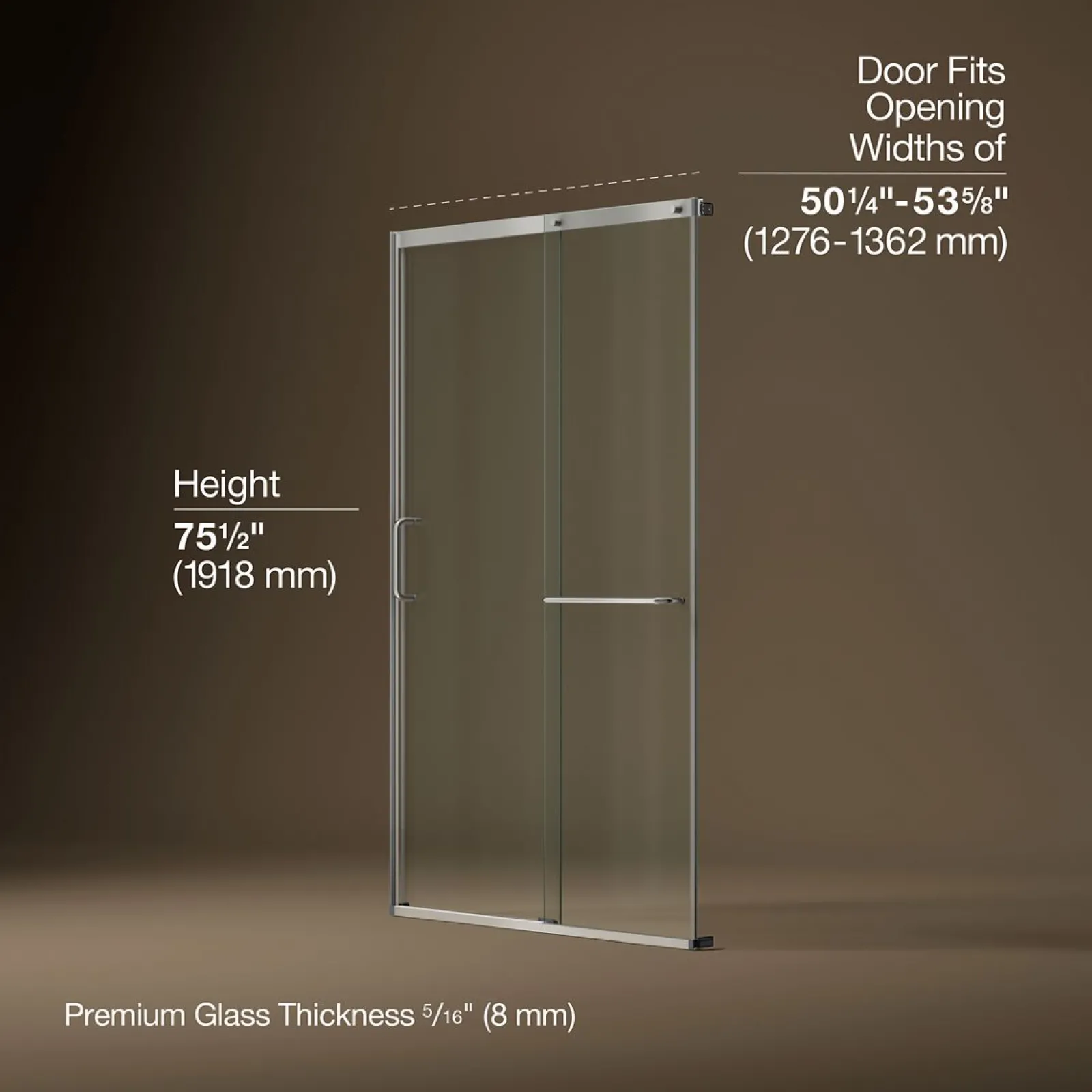 50-1/4"-53-5/8" W x 75-1/2" H sliding shower door with 5/16"-thick Crystal Clear glass^Kohler Clearance