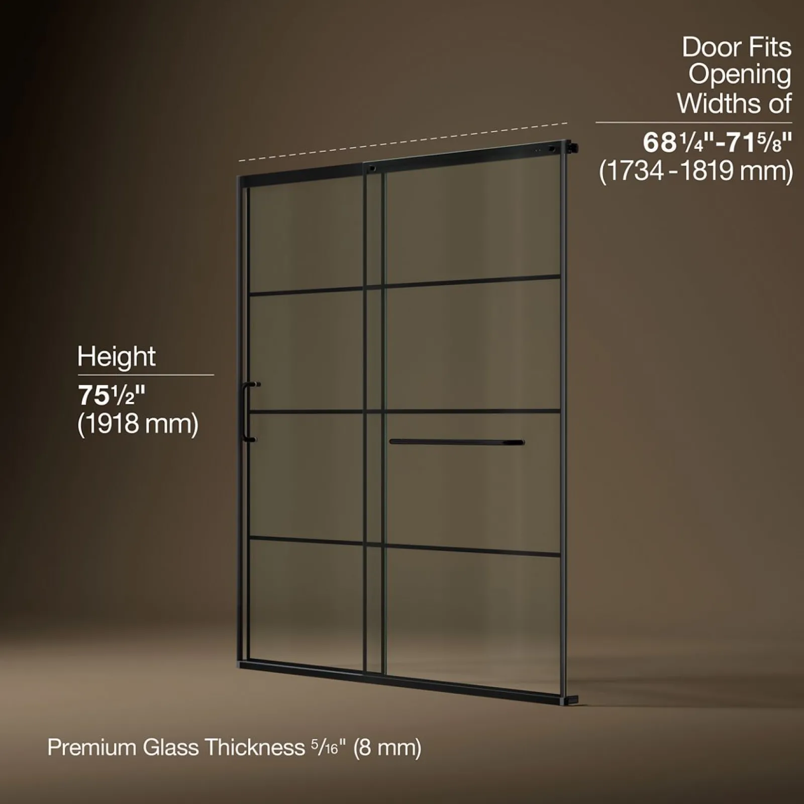 68-1/4"-71-5/8" W x 75-1/2" H sliding shower door with 5/16"-thick Crystal Clear glass^Kohler Outlet