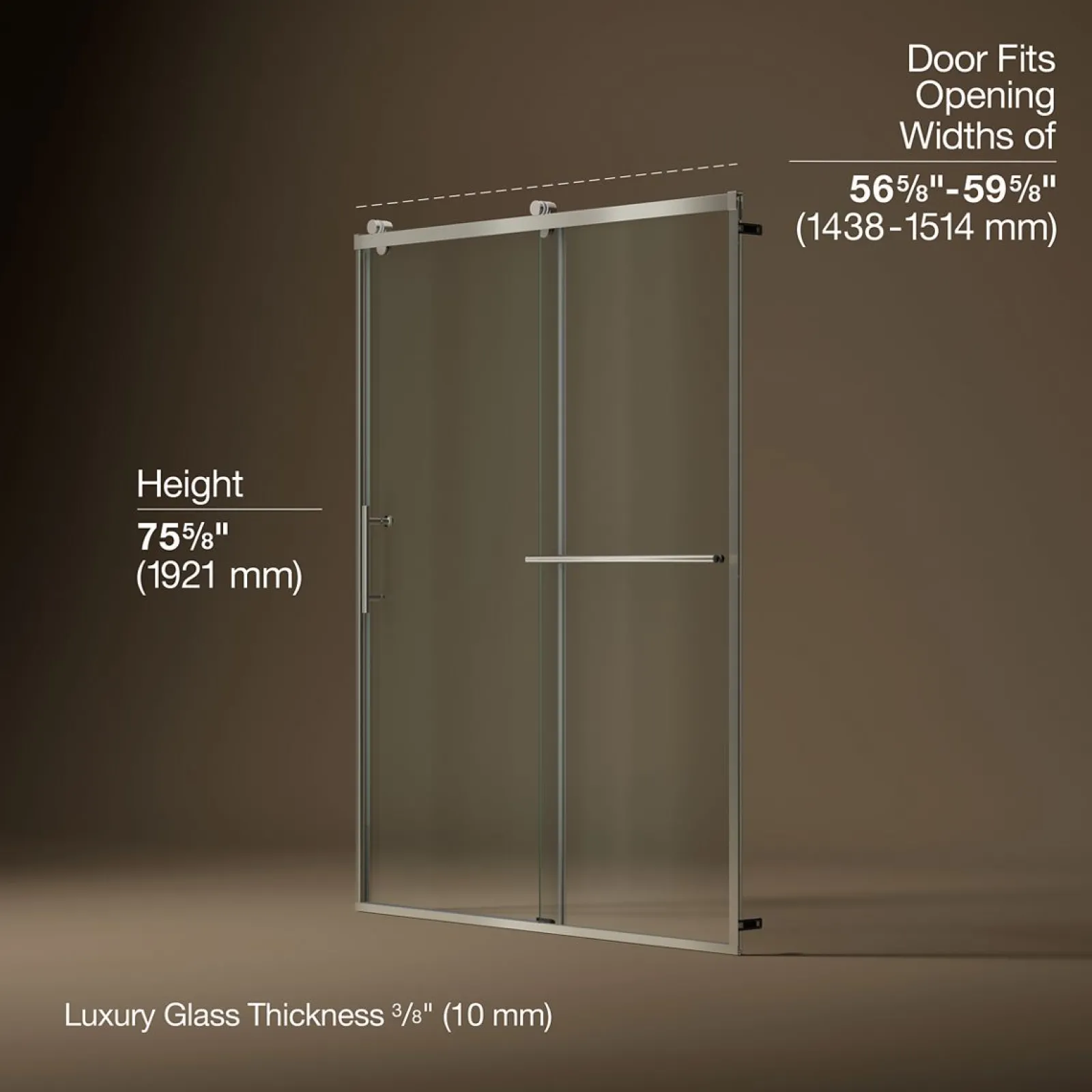 56-5/8"-59-5/8" W x 76.99" H sliding shower door with 3/8"-thick Crystal Clear glass^Kohler Clearance