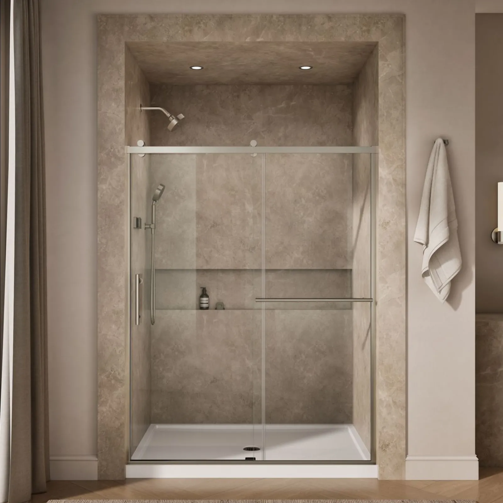 56-5/8"-59-5/8" W x 76.99" H sliding shower door with 3/8"-thick Crystal Clear glass^Kohler Clearance