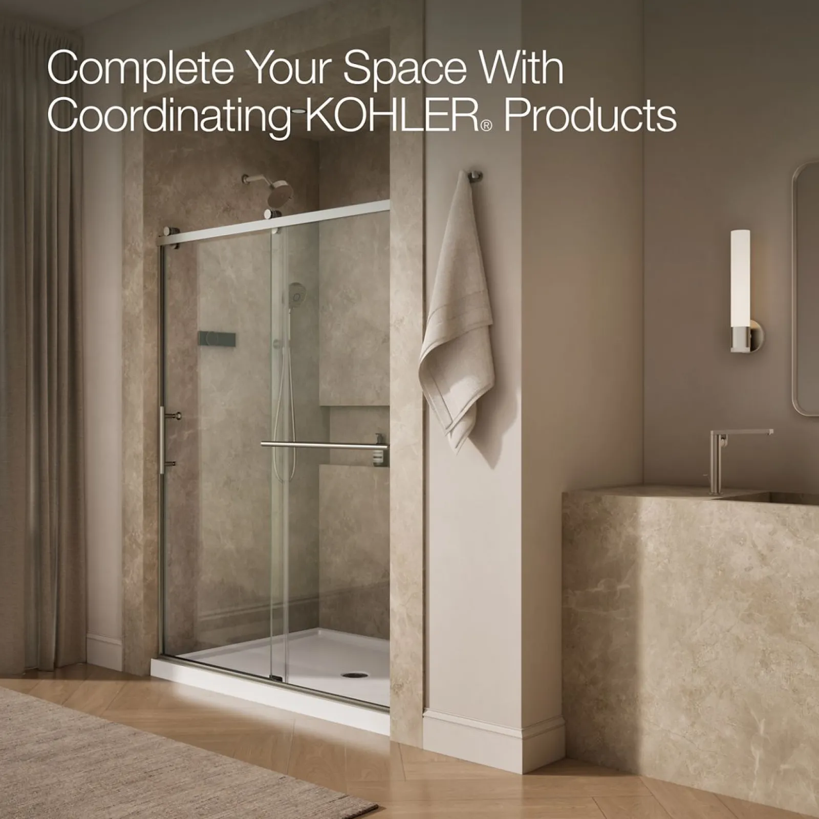 56-5/8"-59-5/8" W x 76.99" H sliding shower door with 3/8"-thick Crystal Clear glass^Kohler Clearance