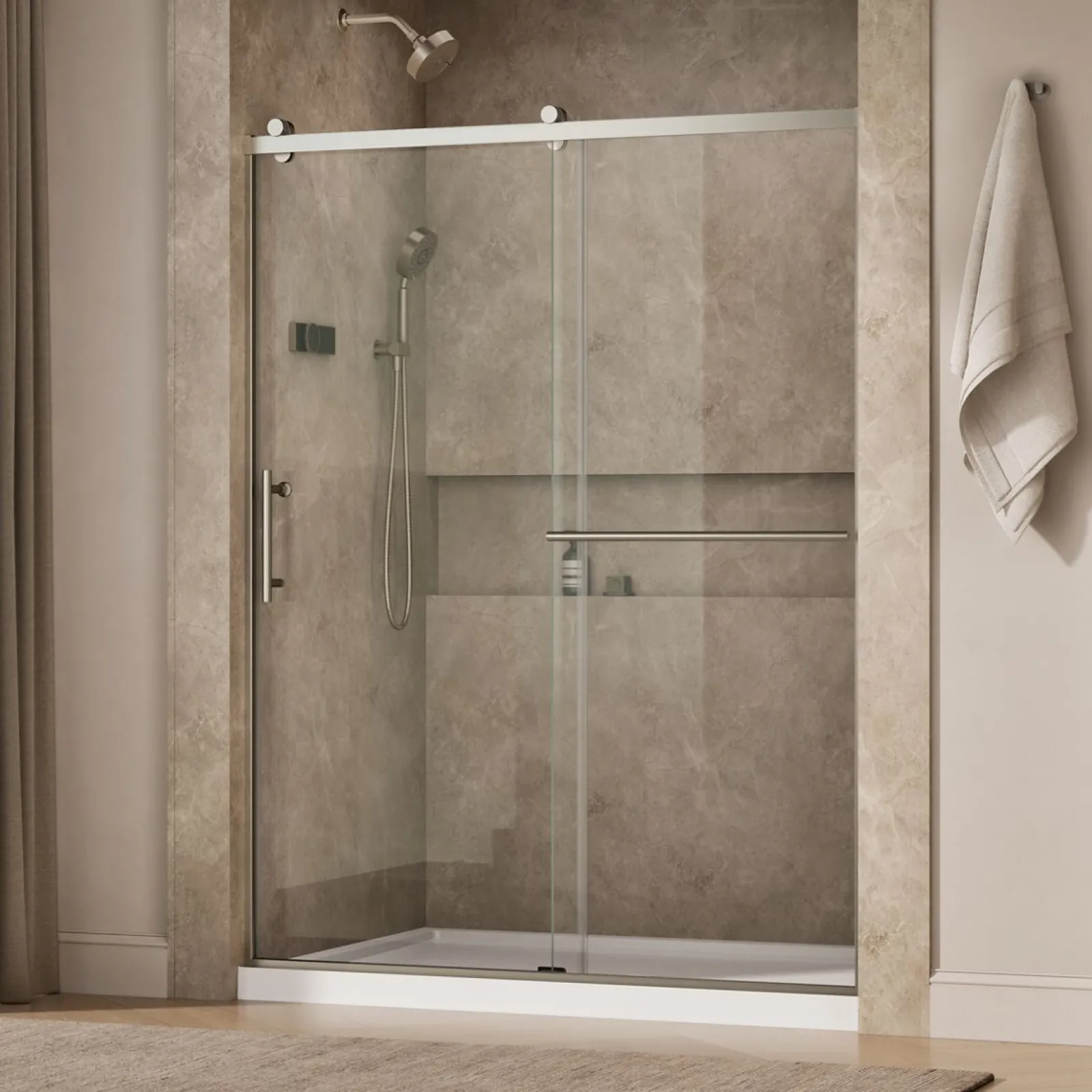 56-5/8"-59-5/8" W x 76.99" H sliding shower door with 3/8"-thick Crystal Clear glass^Kohler Clearance