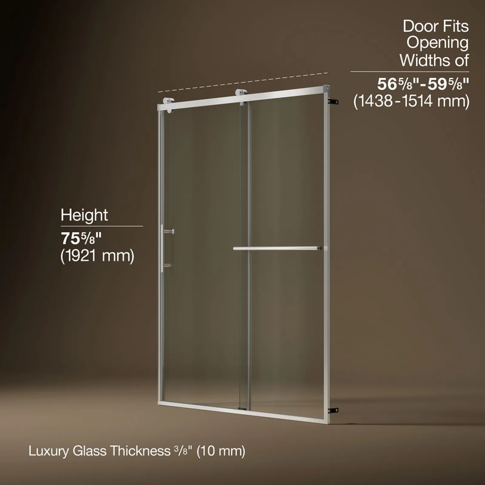 56-5/8"-59-5/8" W x 76.99" H sliding shower door with 3/8"-thick Crystal Clear glass^Kohler Clearance
