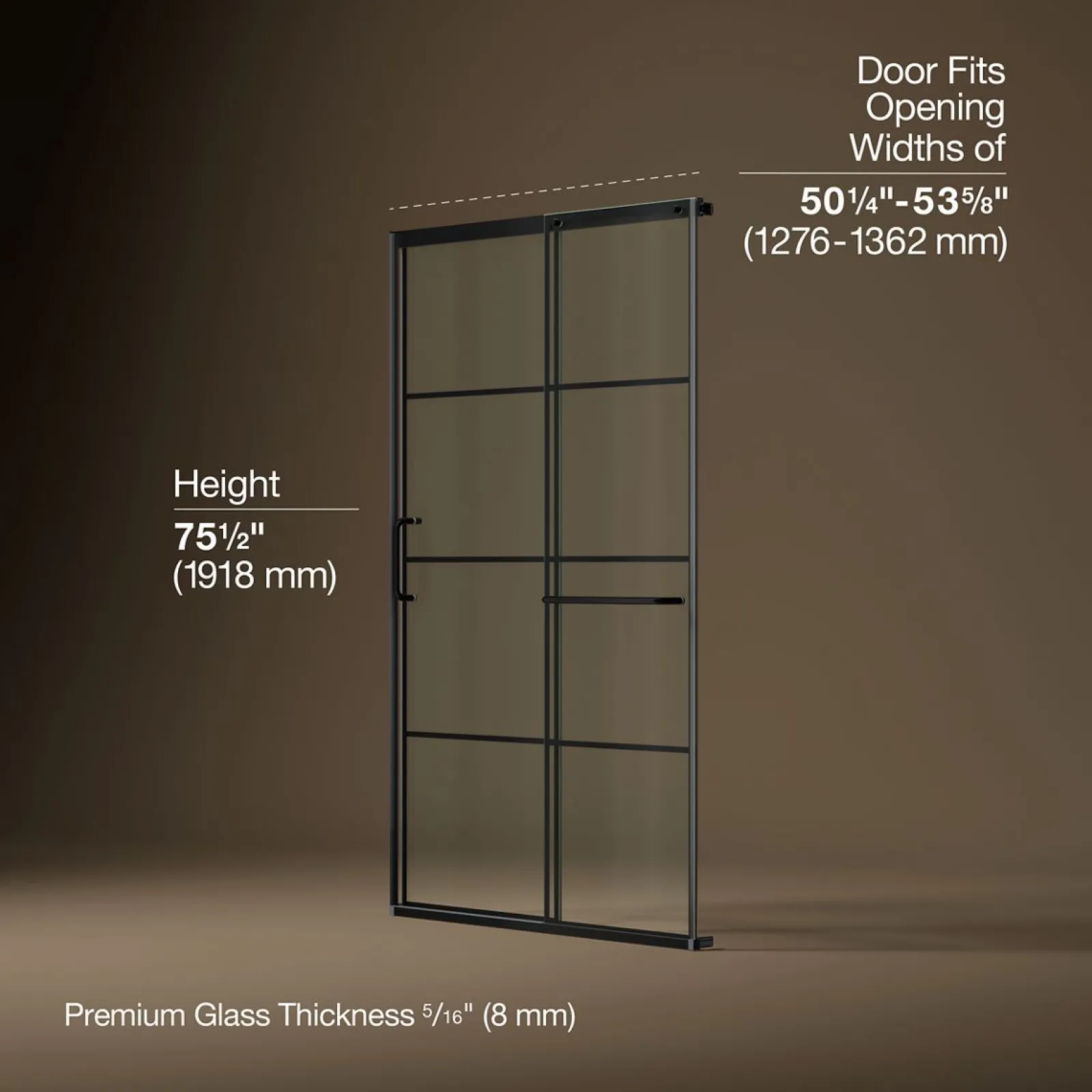 50-1/4"-53-5/8" W x 75-1/2" H sliding shower door with 5/16"-thick Crystal Clear glass^Kohler Clearance
