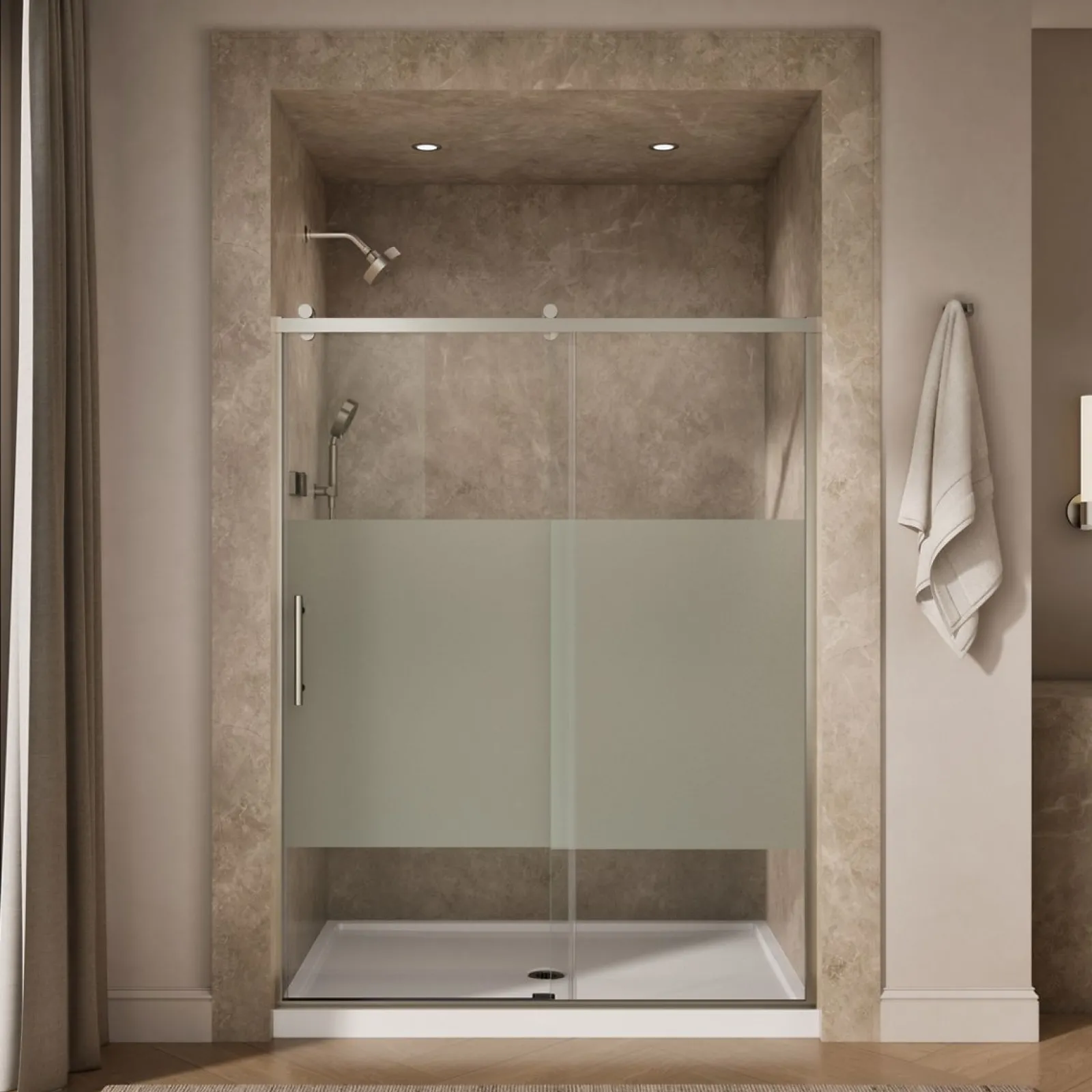 56-5/8"-59-5/8" W x 76.99" H sliding shower door with 3/8"-thick Crystal Clear glass^Kohler Sale