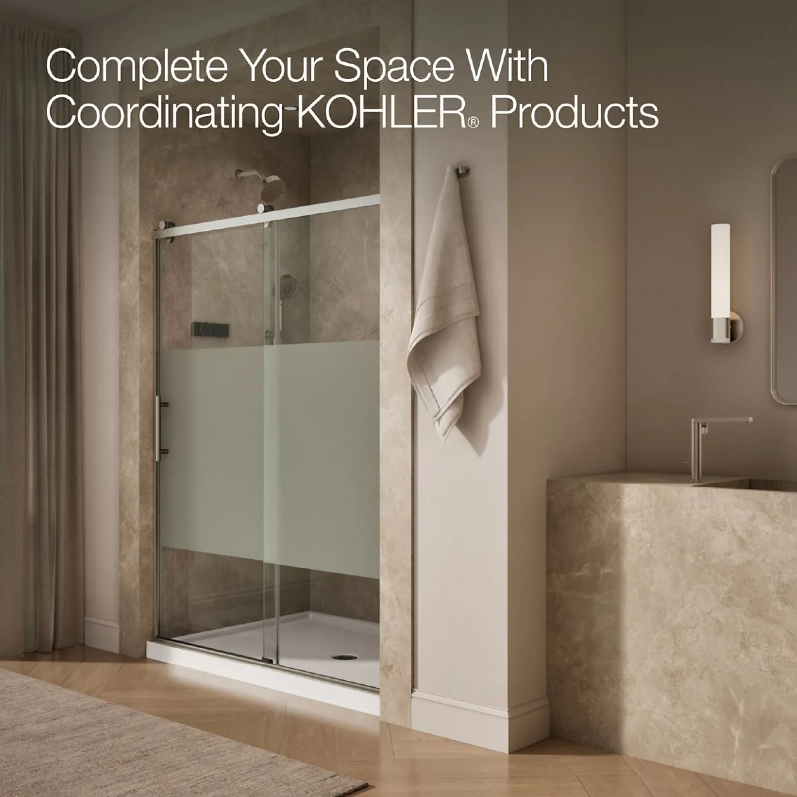 56-5/8"-59-5/8" W x 76.99" H sliding shower door with 3/8"-thick Crystal Clear glass^Kohler Sale