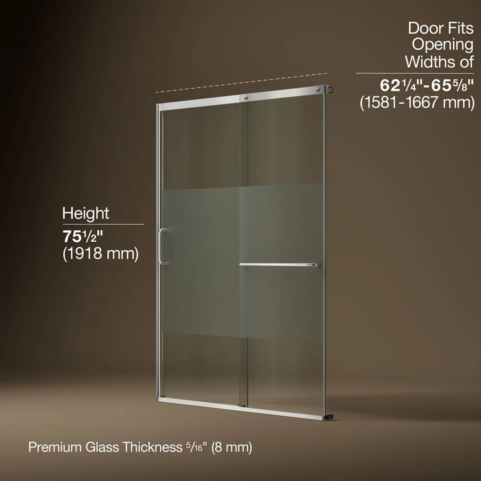 62-1/4"-65-5/8" W x 75-1/2" H sliding shower door with 5/16"-thick Crystal Clear glass^Kohler Discount
