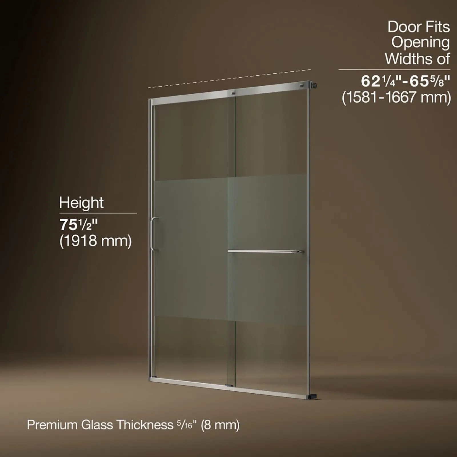 62-1/4"-65-5/8" W x 75-1/2" H sliding shower door with 5/16"-thick Crystal Clear glass^Kohler Discount