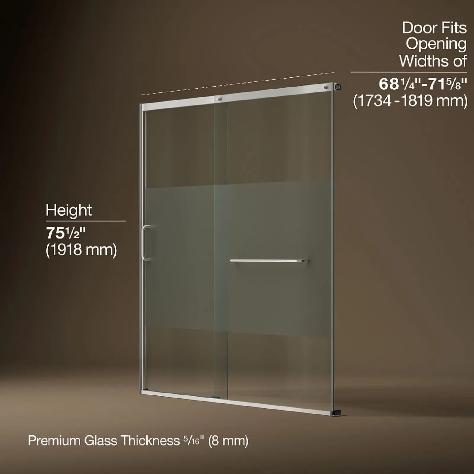 68-1/4"-71-5/8" W x 75-1/2" H sliding shower door with 5/16"-thick Crystal Clear glass^Kohler New