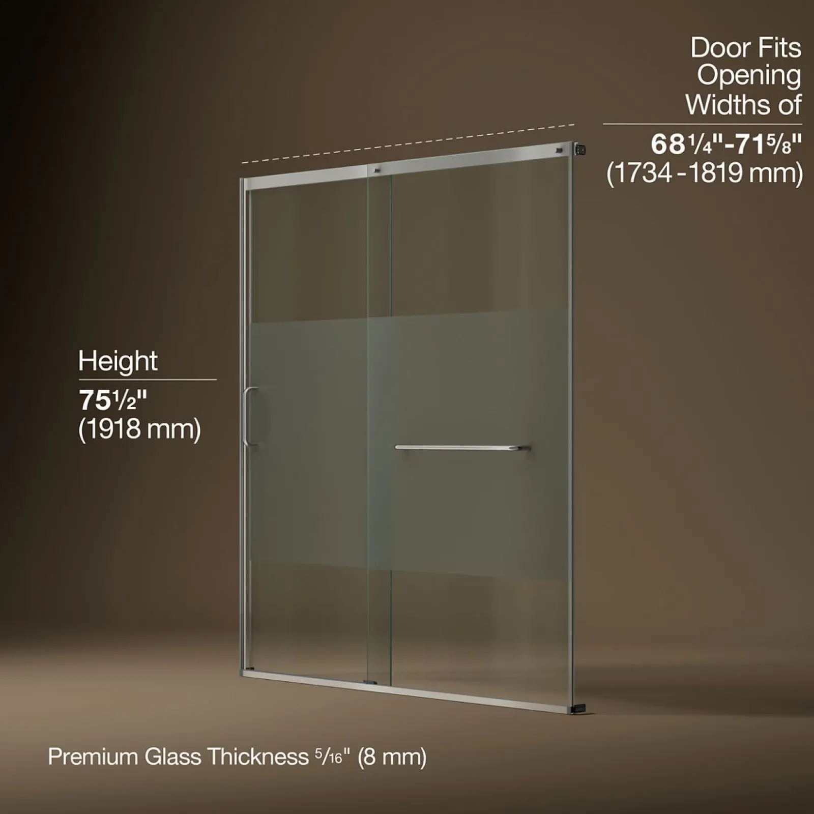 68-1/4"-71-5/8" W x 75-1/2" H sliding shower door with 5/16"-thick Crystal Clear glass^Kohler New