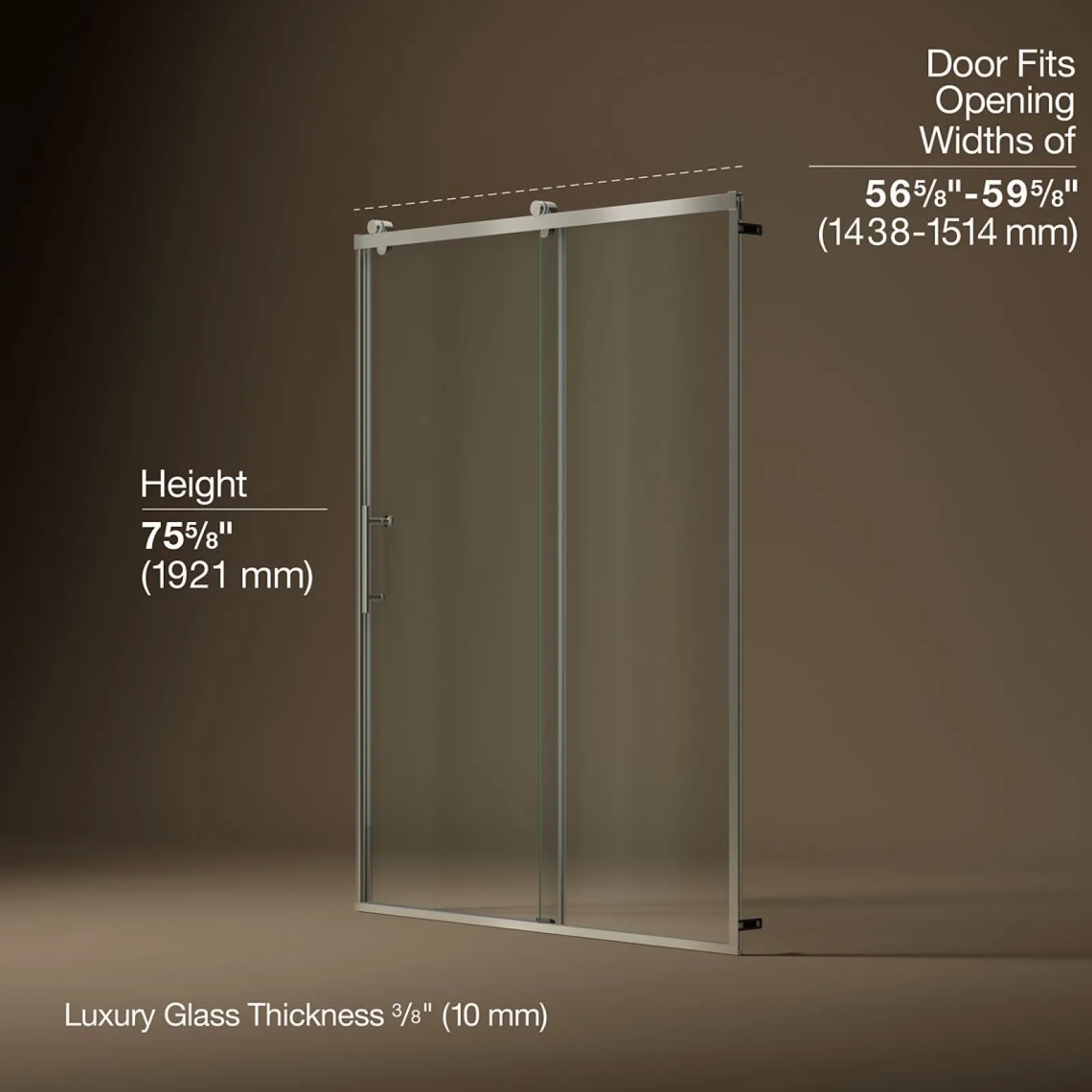 56-5/8"-59-5/8" W x 76.99" H sliding shower door with 3/8"-thick Crystal Clear glass^Kohler Outlet