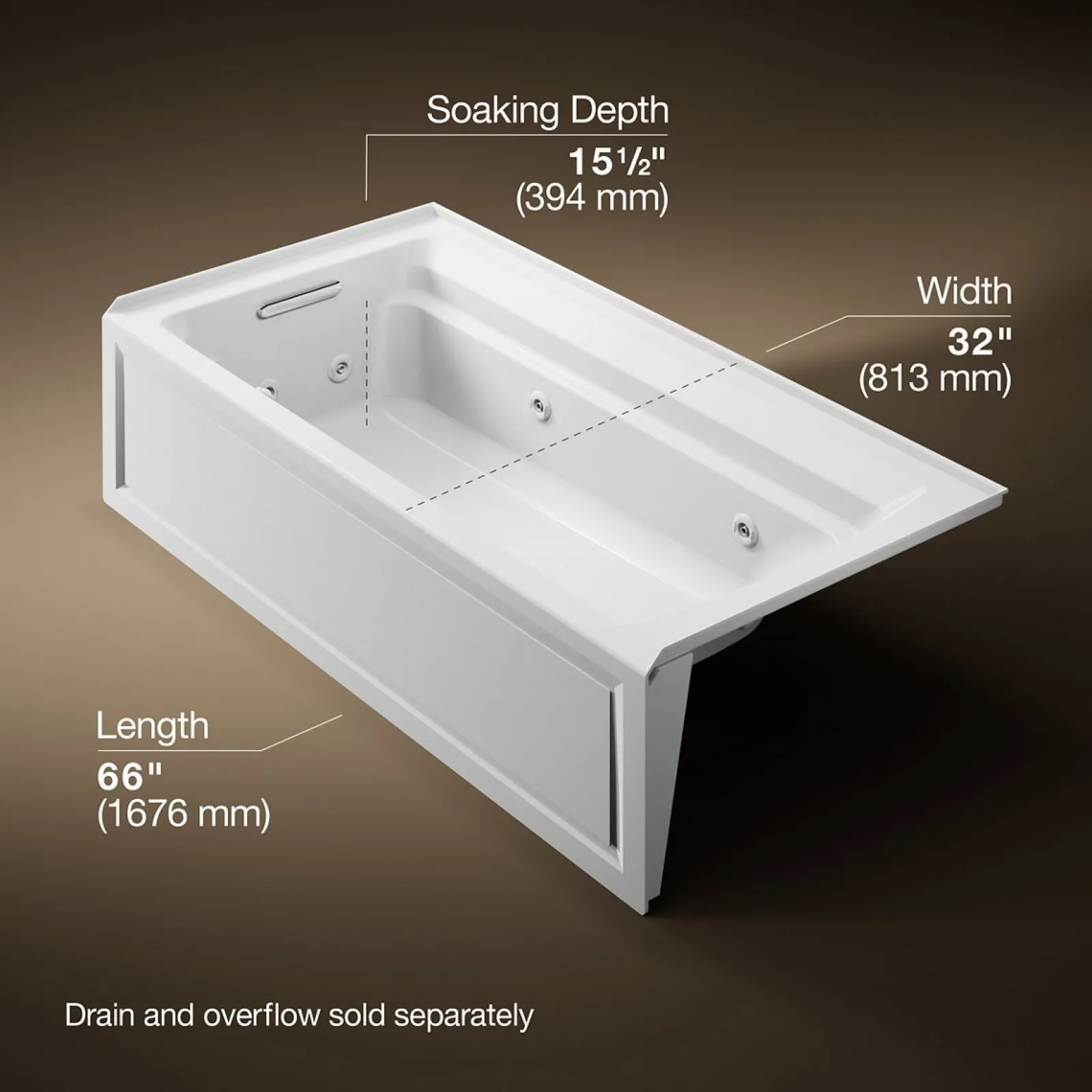72" x 36" alcove whirlpool bath with alcove, left drain^Kohler