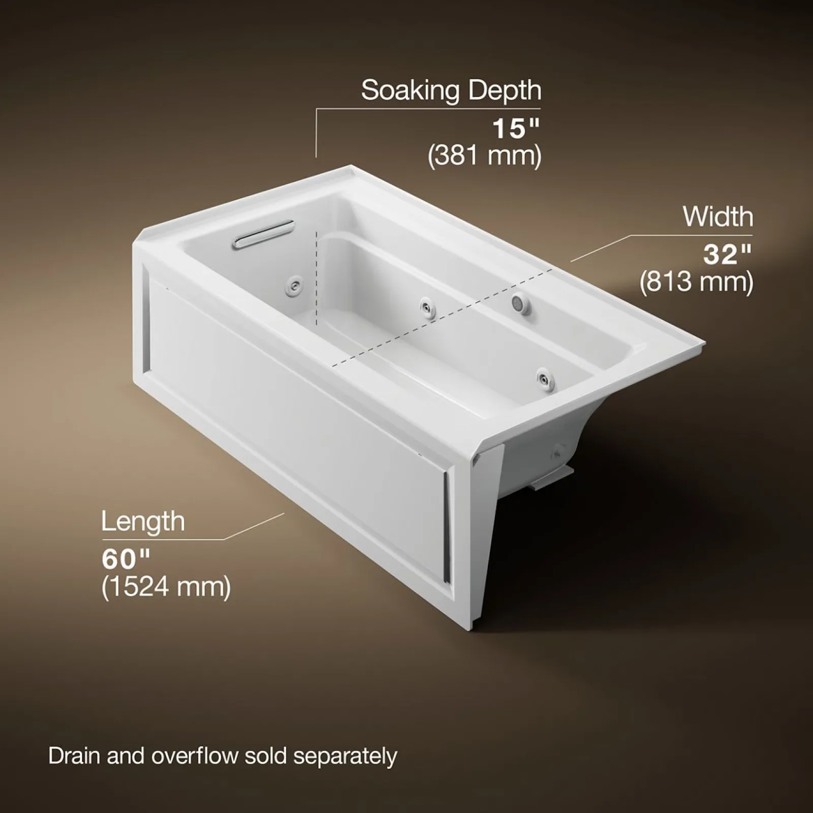 60" x 32" alcove whirlpool bath with Bask® heated surface, alcove left drain^Kohler