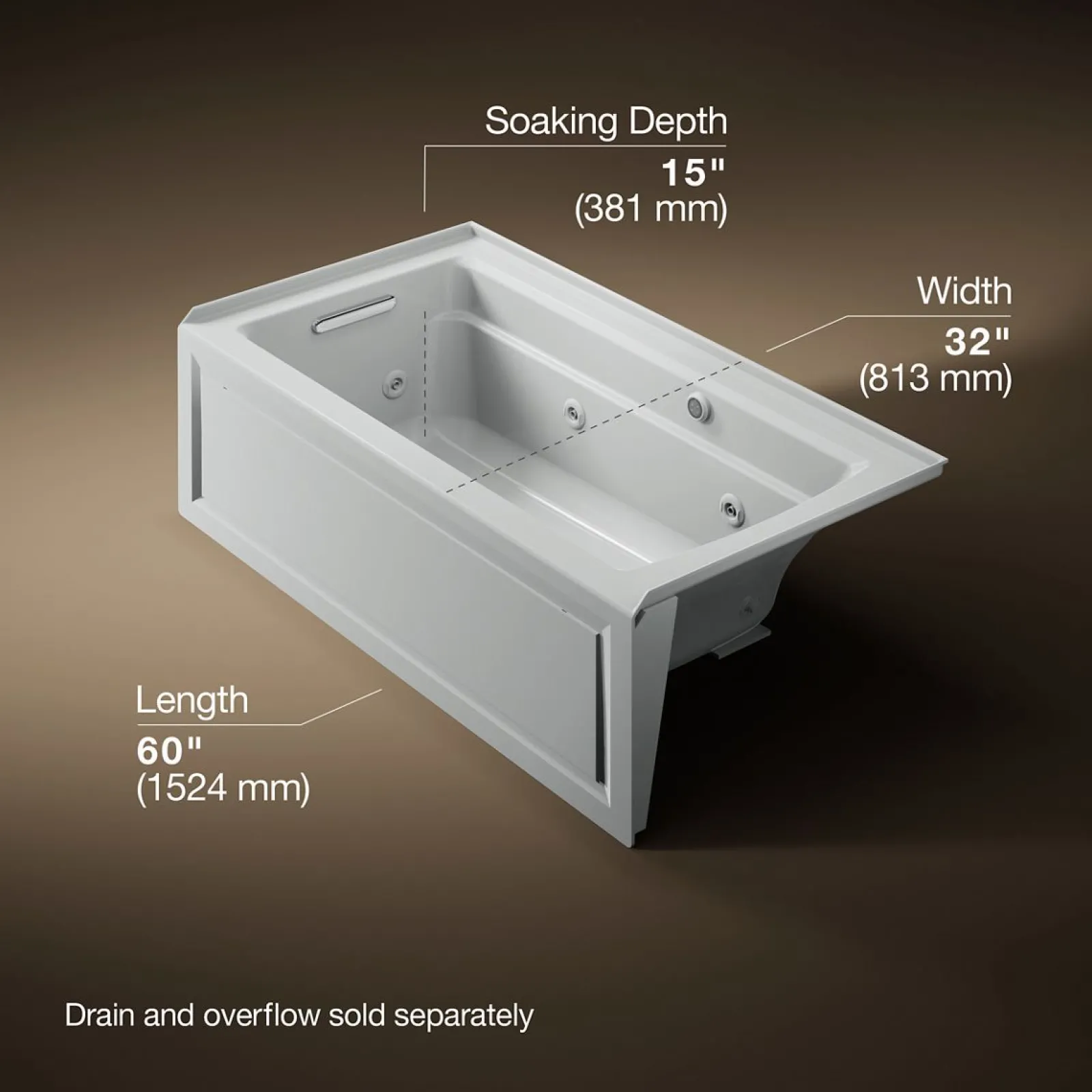 60" x 32" alcove whirlpool bath with Bask® heated surface, alcove left drain^Kohler