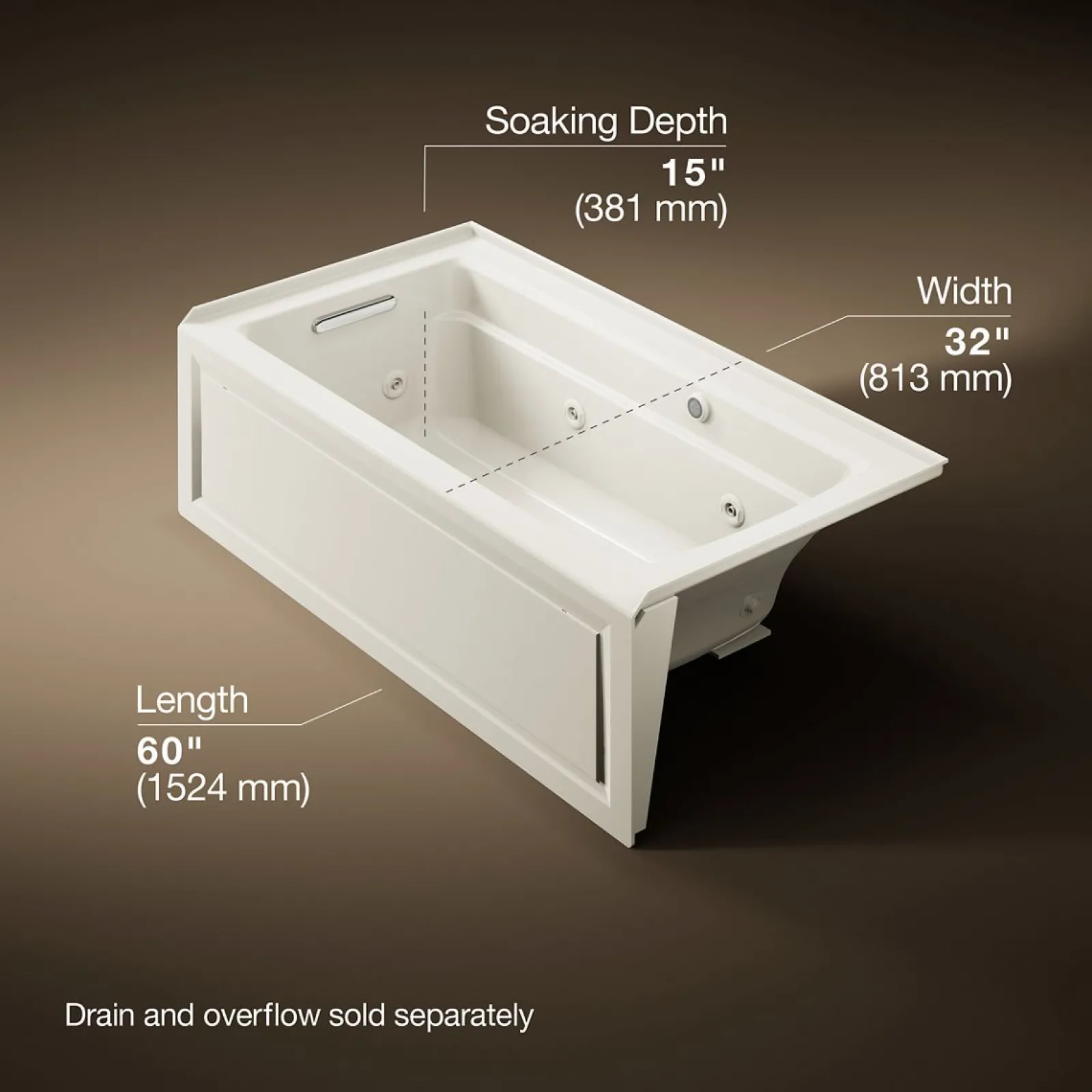 60" x 32" alcove whirlpool bath with Bask® heated surface, alcove left drain^Kohler
