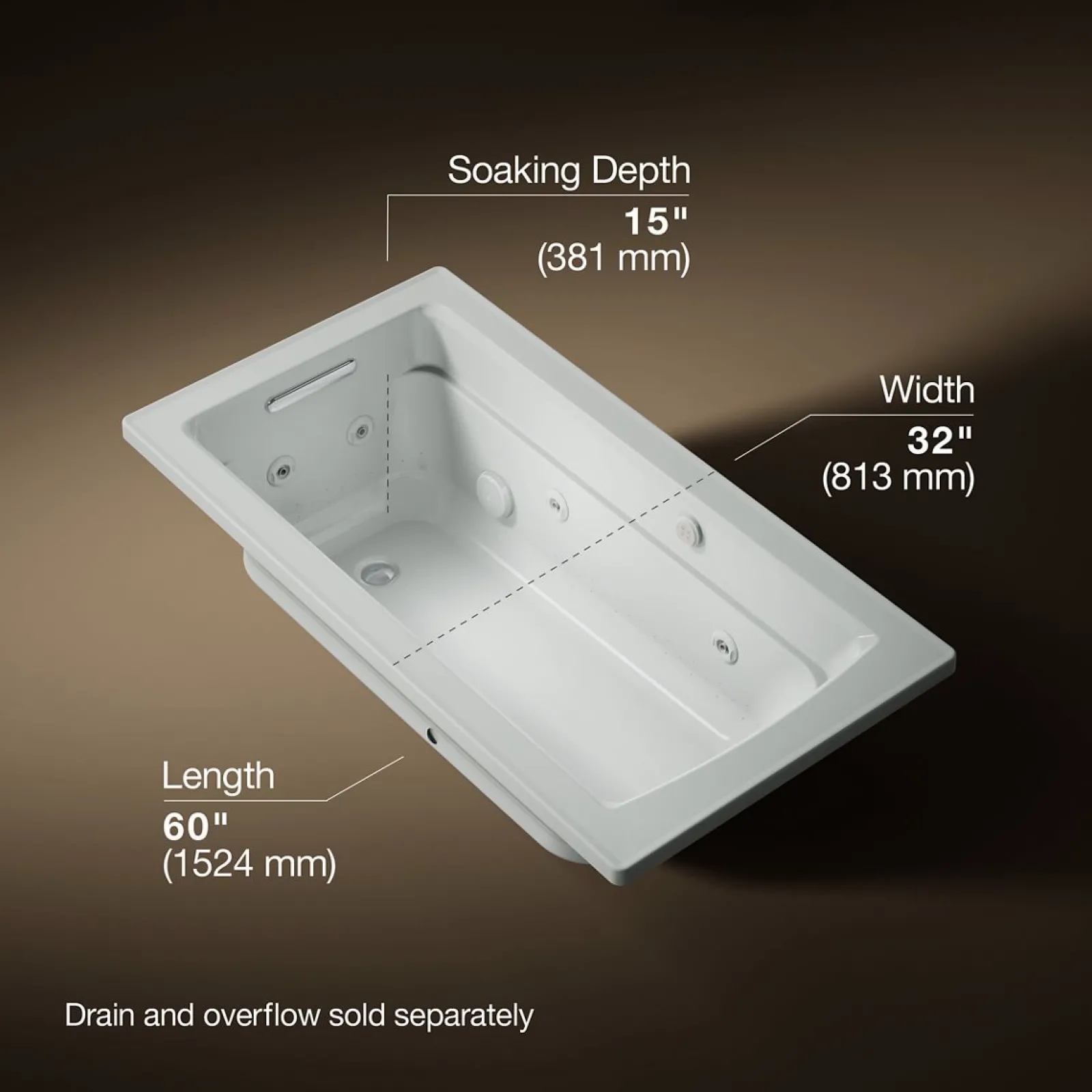 60" x 32" drop-in Heated BubbleMassage™ air bath and whirlpool^Kohler