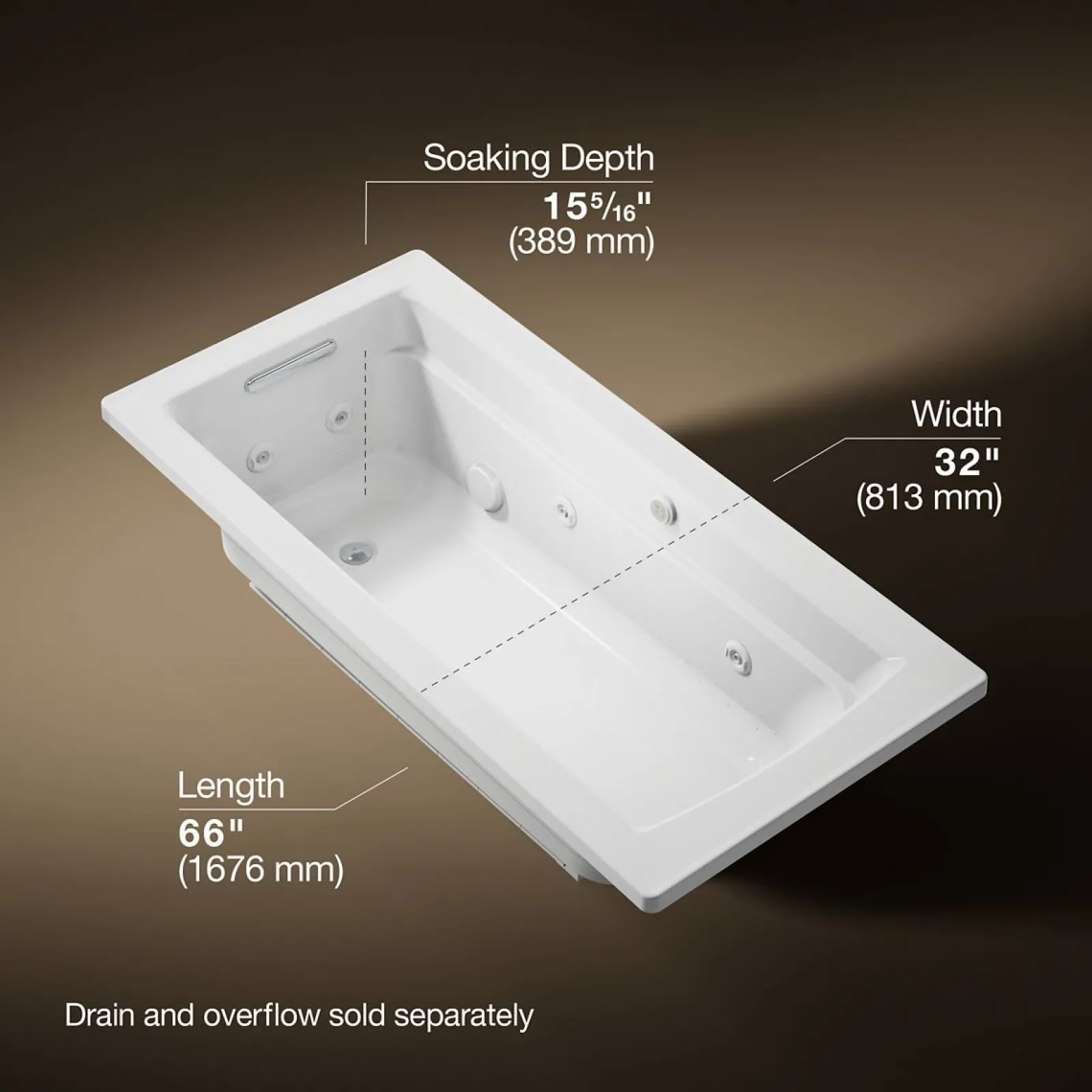 66" x 32" drop-in Heated BubbleMassage™ air bath with whirlpool^Kohler New