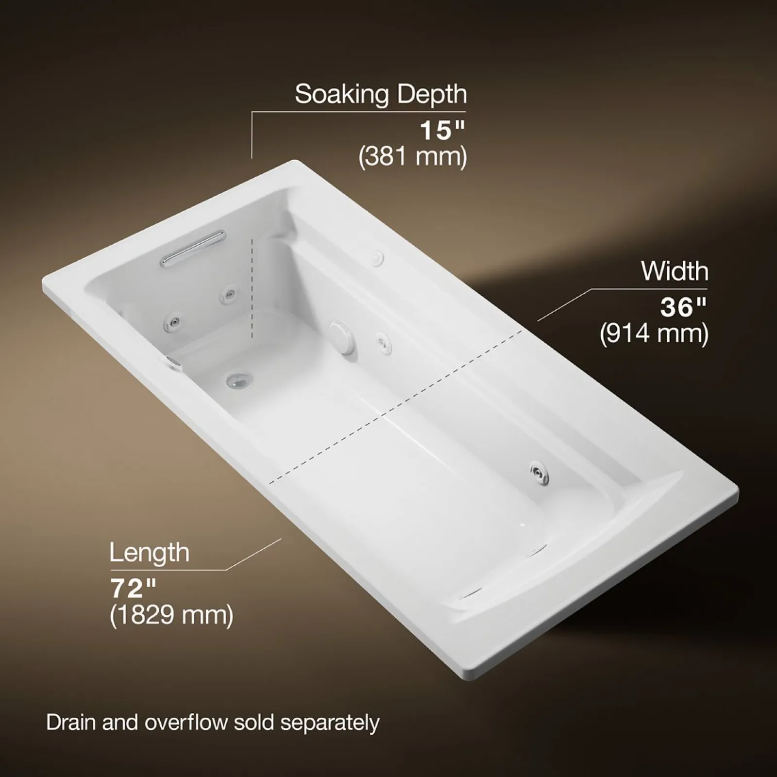 72" x 36" drop-in whirlpool bath with Bask® heated surface^Kohler Best