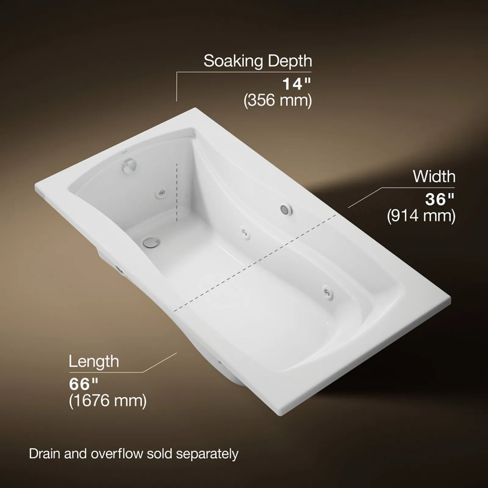 66" x 35-7/8" drop-in whirlpool bath with Bask® heated surface and end drain^Kohler Best